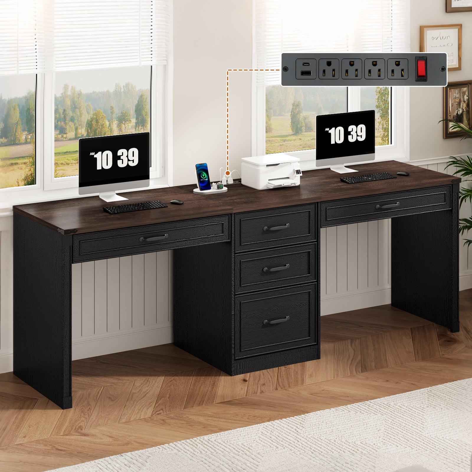 80.9" Two Person Desk with Charging Station & 5 Storage Drawers