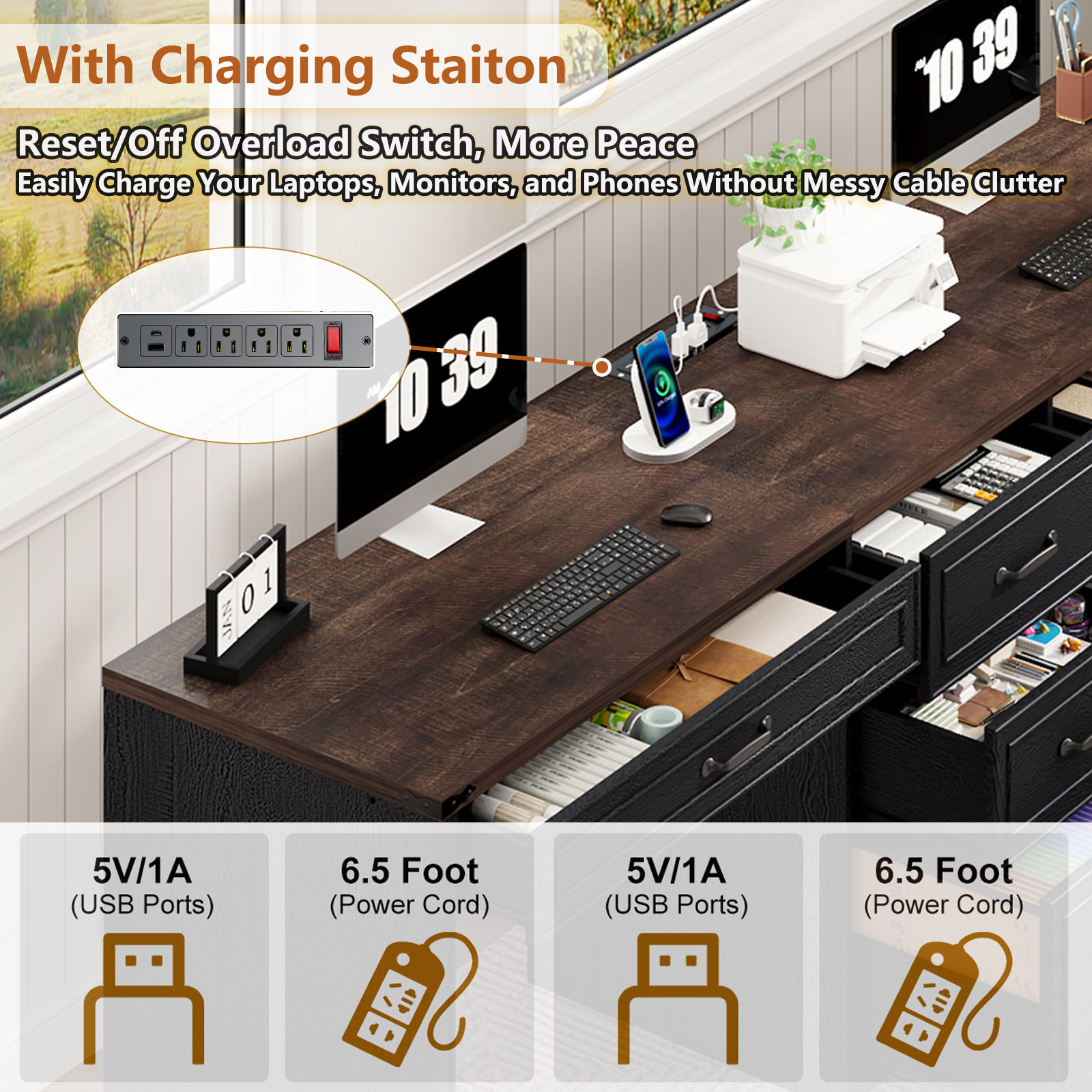 80.9" Two Person Desk with Charging Station & 5 Storage Drawers