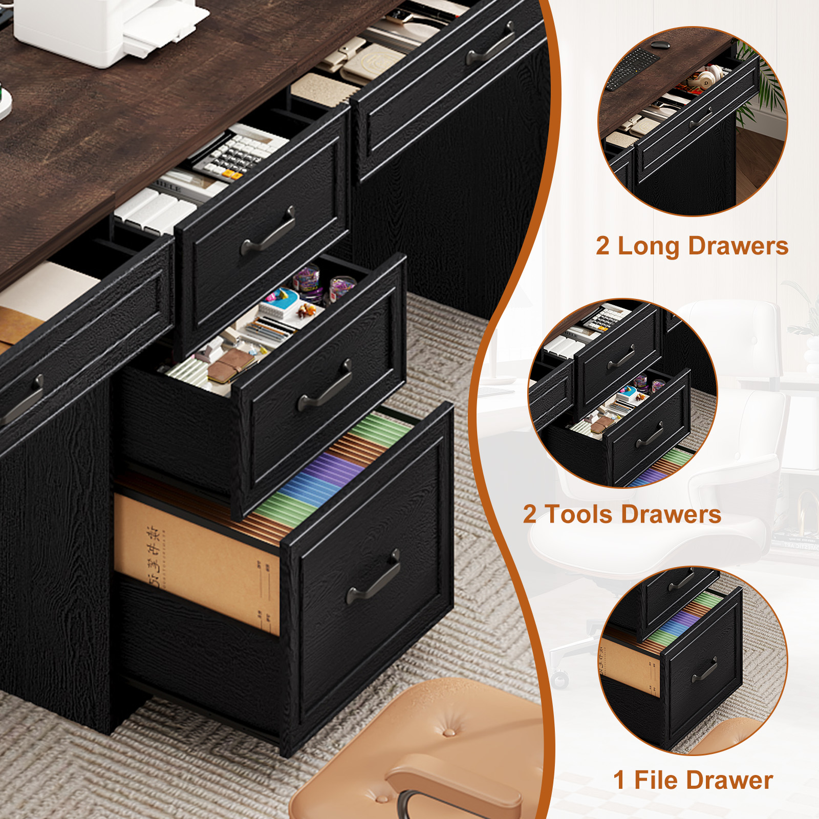 80.9" Two Person Desk with Charging Station & 5 Storage Drawers