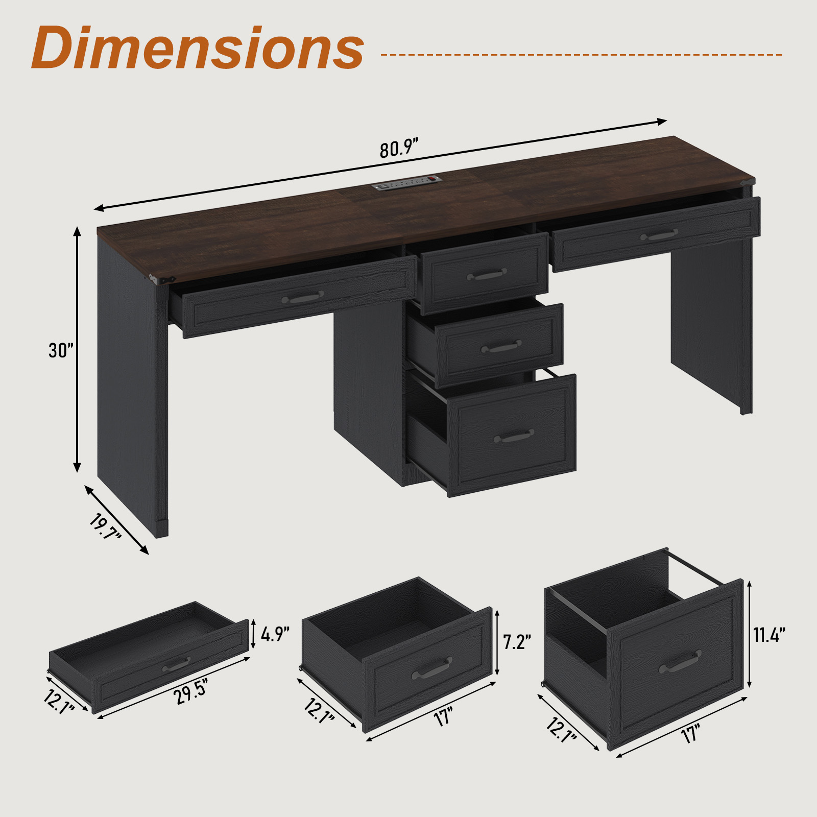 80.9" Two Person Desk with Charging Station & 5 Storage Drawers