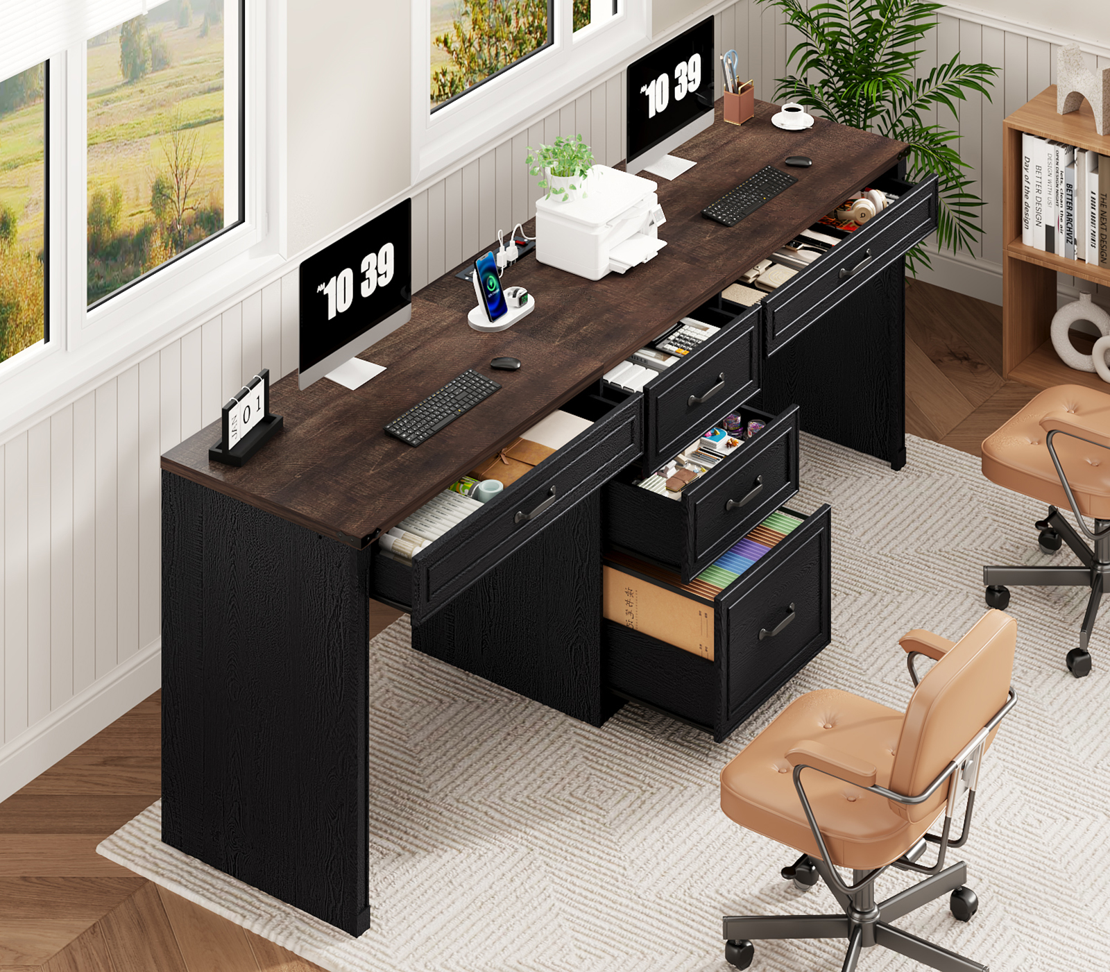 80.9" Two Person Desk with Charging Station & 5 Storage Drawers