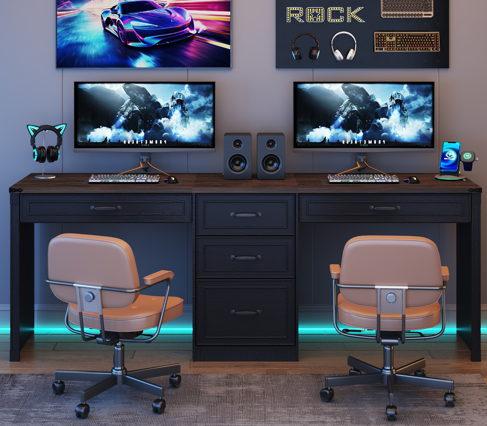 80.9" Two Person Desk with Charging Station & 5 Storage Drawers