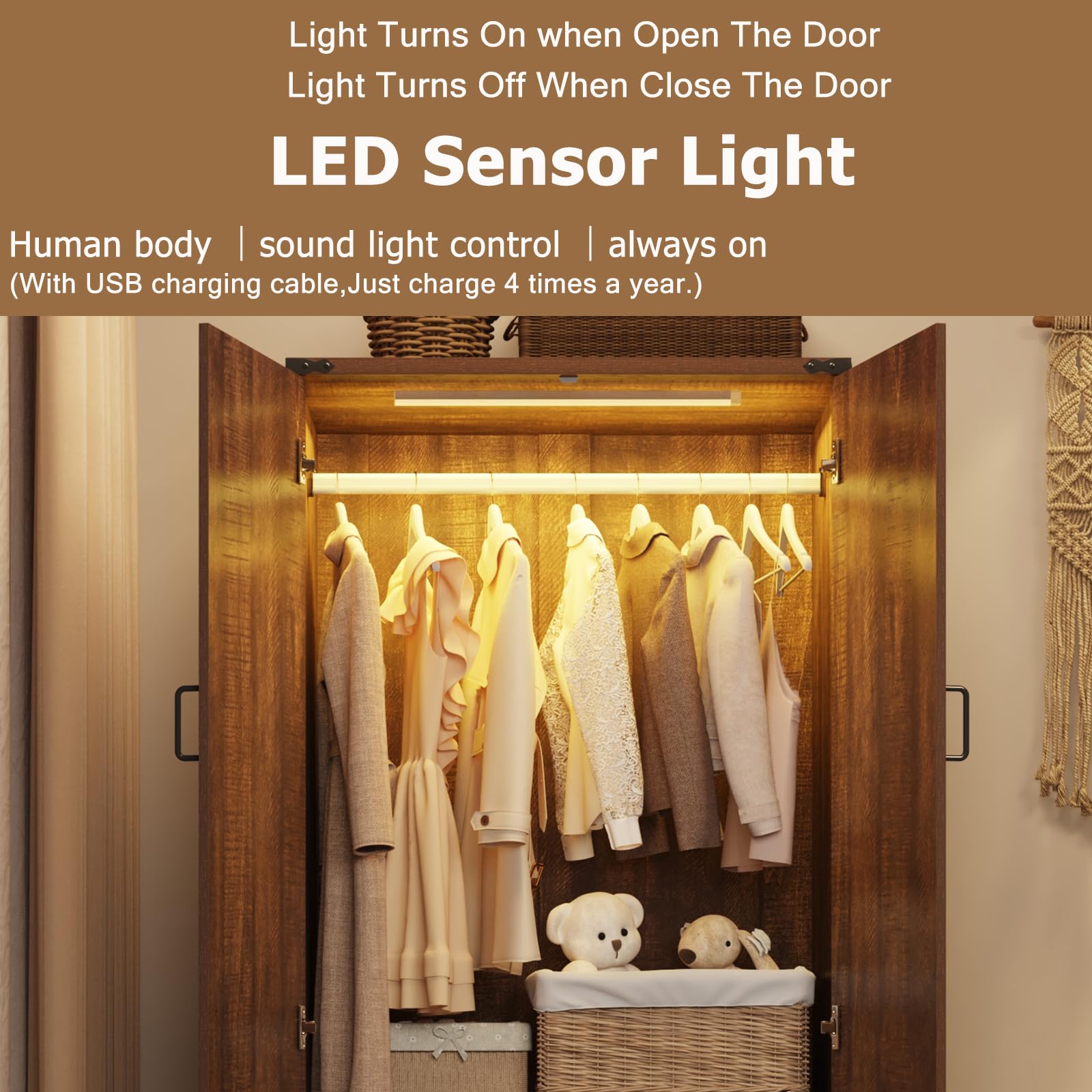 Blotout 75" H Wardrobe Closet with LED Light & 4 Doors