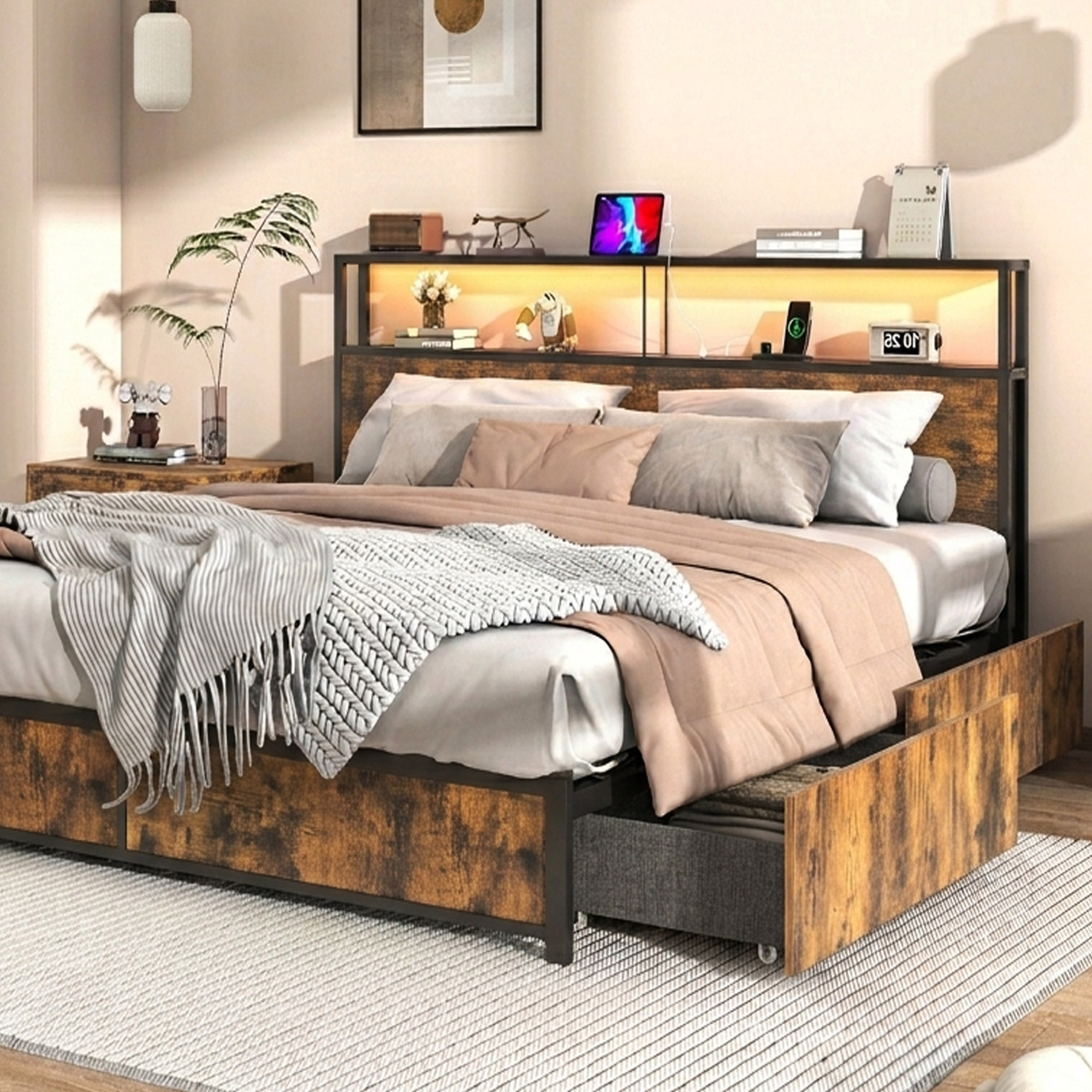 LED Bed Frame with Storage - 2 Tier Headboard and 4 Drawers