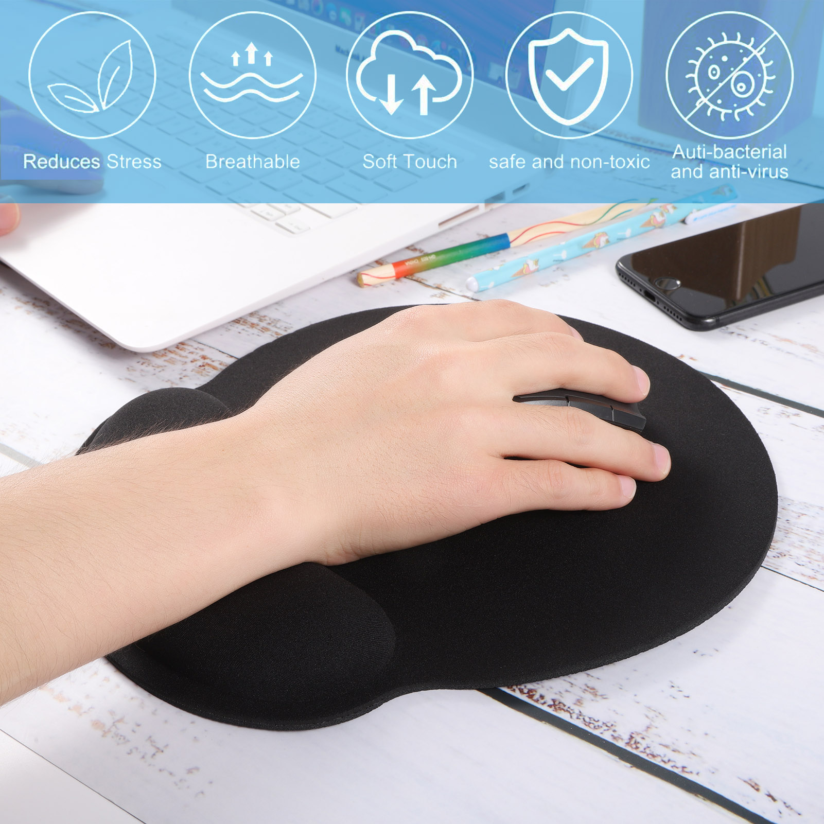 sixwipe Ergonomic Mouse Pad with Wrist Rest, No Slip Keyboard Wrist Rest and Computer Wrist Support, Memory Foam Wrist Pad for Keyboard for Easy Typing and Hand Pain Relief