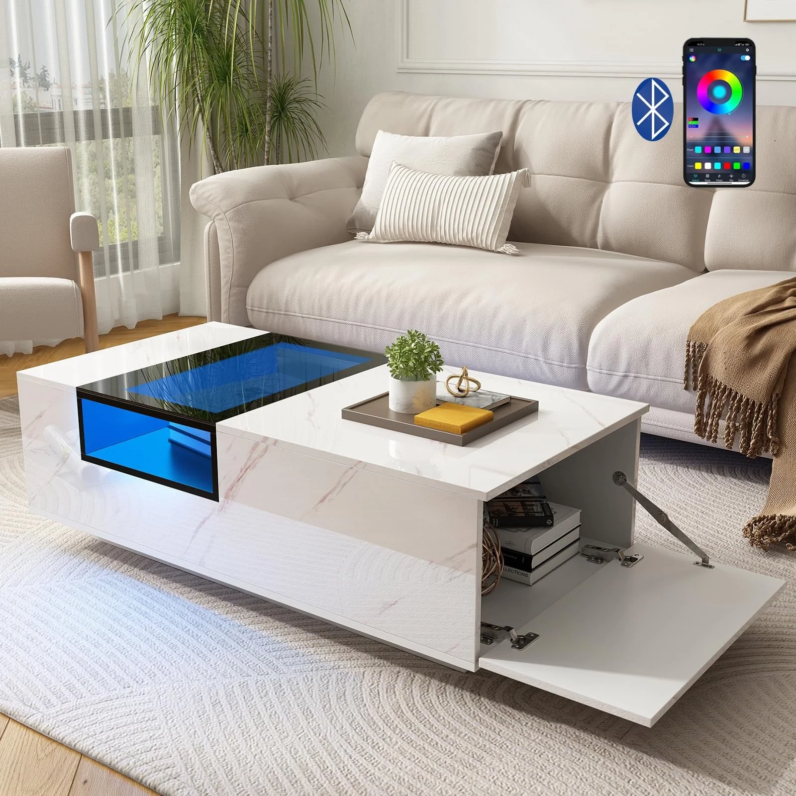 Hlivelood 47.3"Large LED Coffee Table with Storage, White High Gloss Modern Coffee Table with Large Capacity Drawer & Glass shelf, LED Coffee Table for Living Room