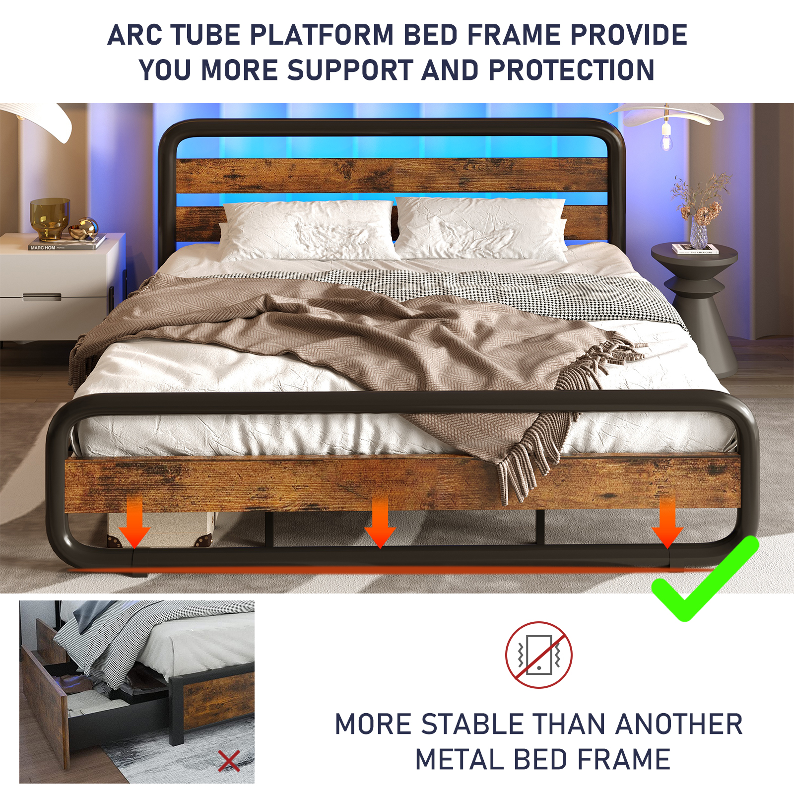 LED Full Size Bed Frame with Wood Headboard&Footboard,Heavy Duty Metal Bed Frame with LED Lights&Under-Bed Storage,Noise Free,No Box Spring Needed