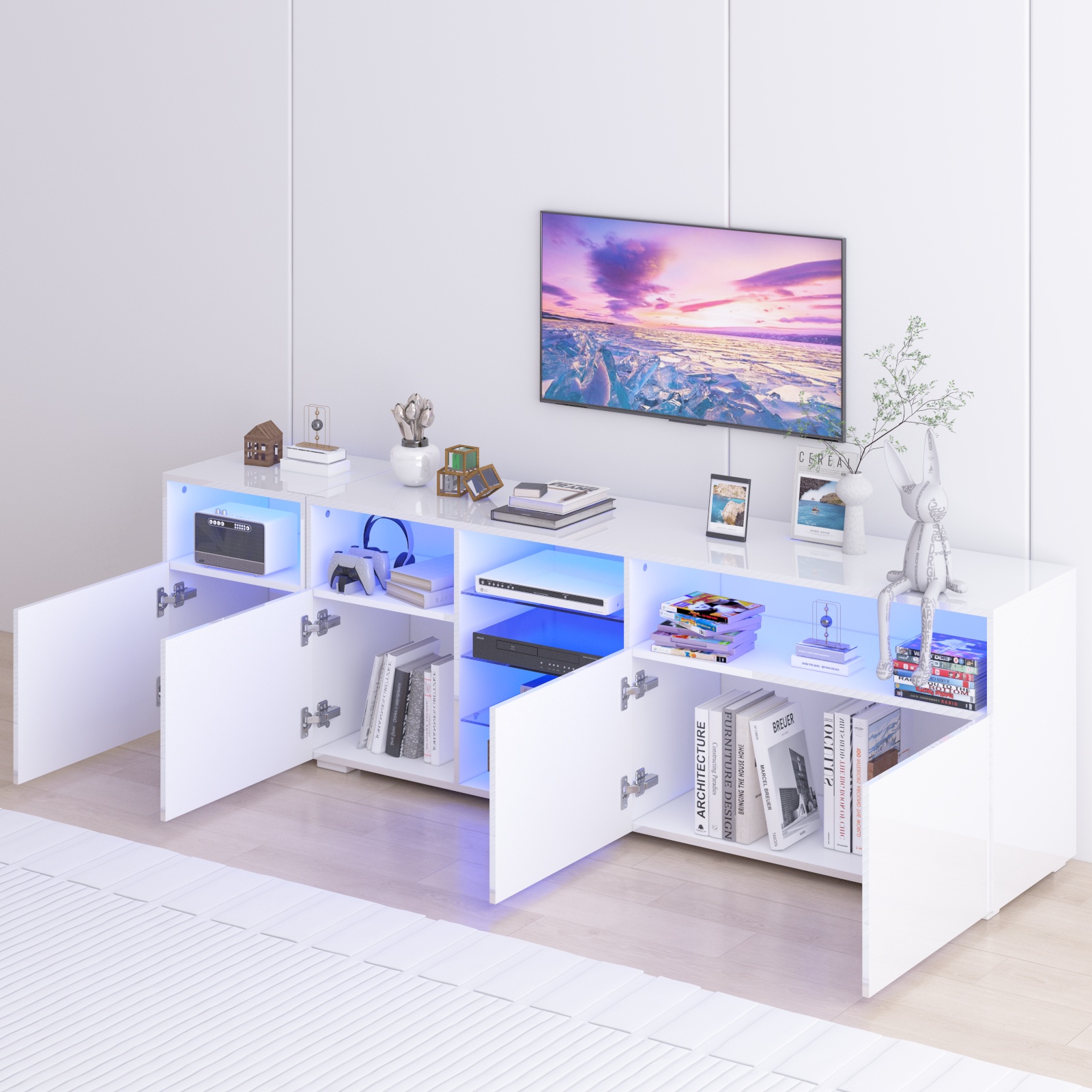 Hlivelood 79'' LED TV Stand for TVs up to 85'', High Glossy Entertainment Center with Storage Cabinet, Modern TV Console Media Cabinet for Living Room, Bedroom