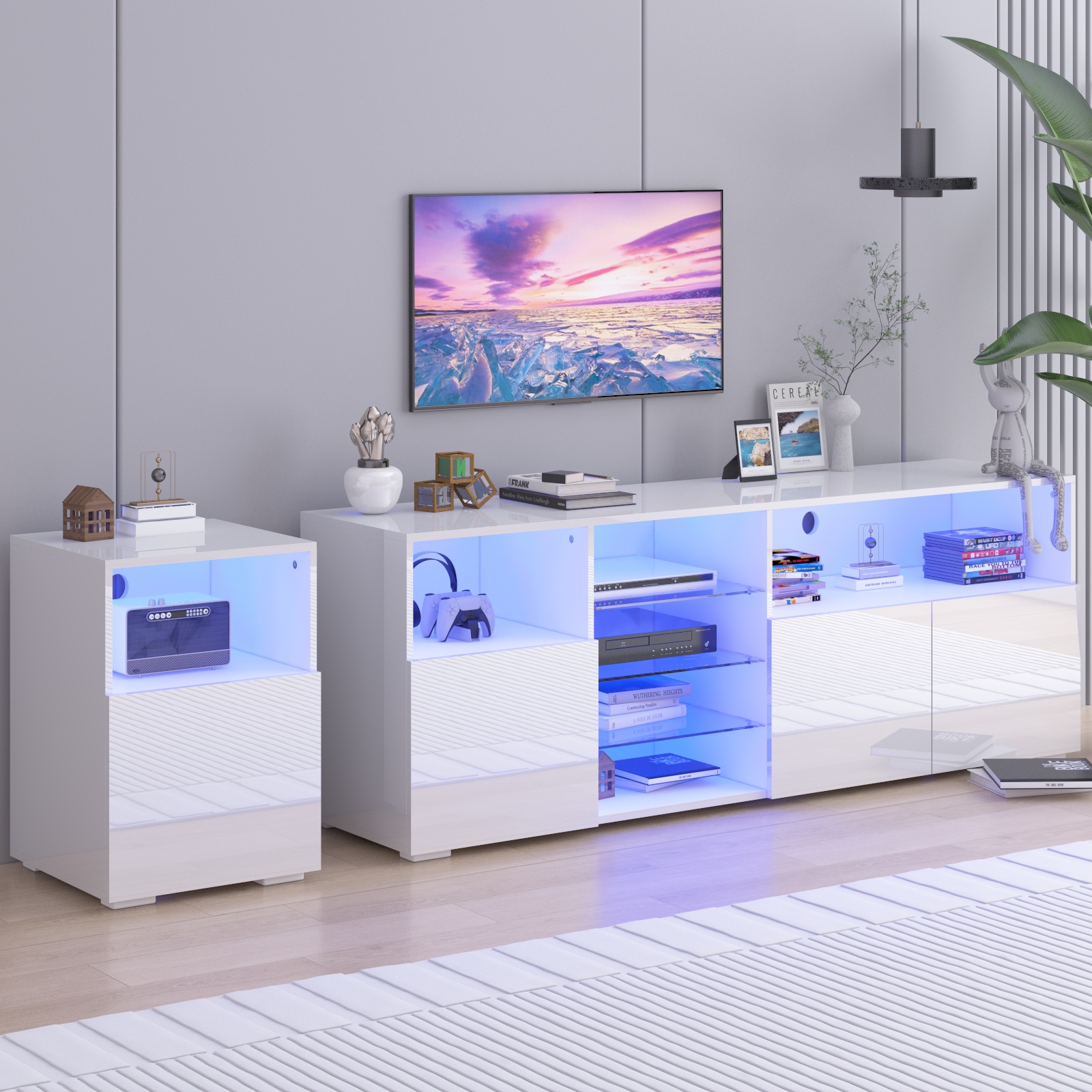 Hlivelood 79'' LED TV Stand for TVs up to 85'', High Glossy Entertainment Center with Storage Cabinet, Modern TV Console Media Cabinet for Living Room, Bedroom