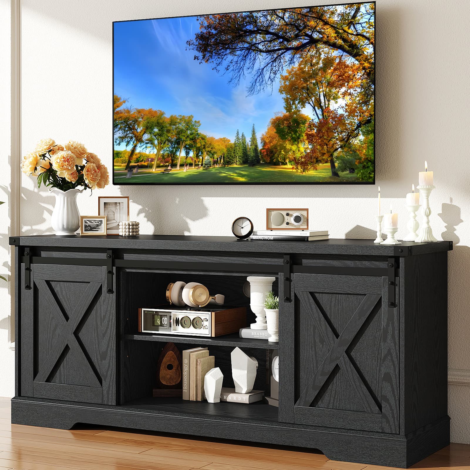 58" Farmhouse TV Stand for 65 Inch TVs with Sliding Barn Door