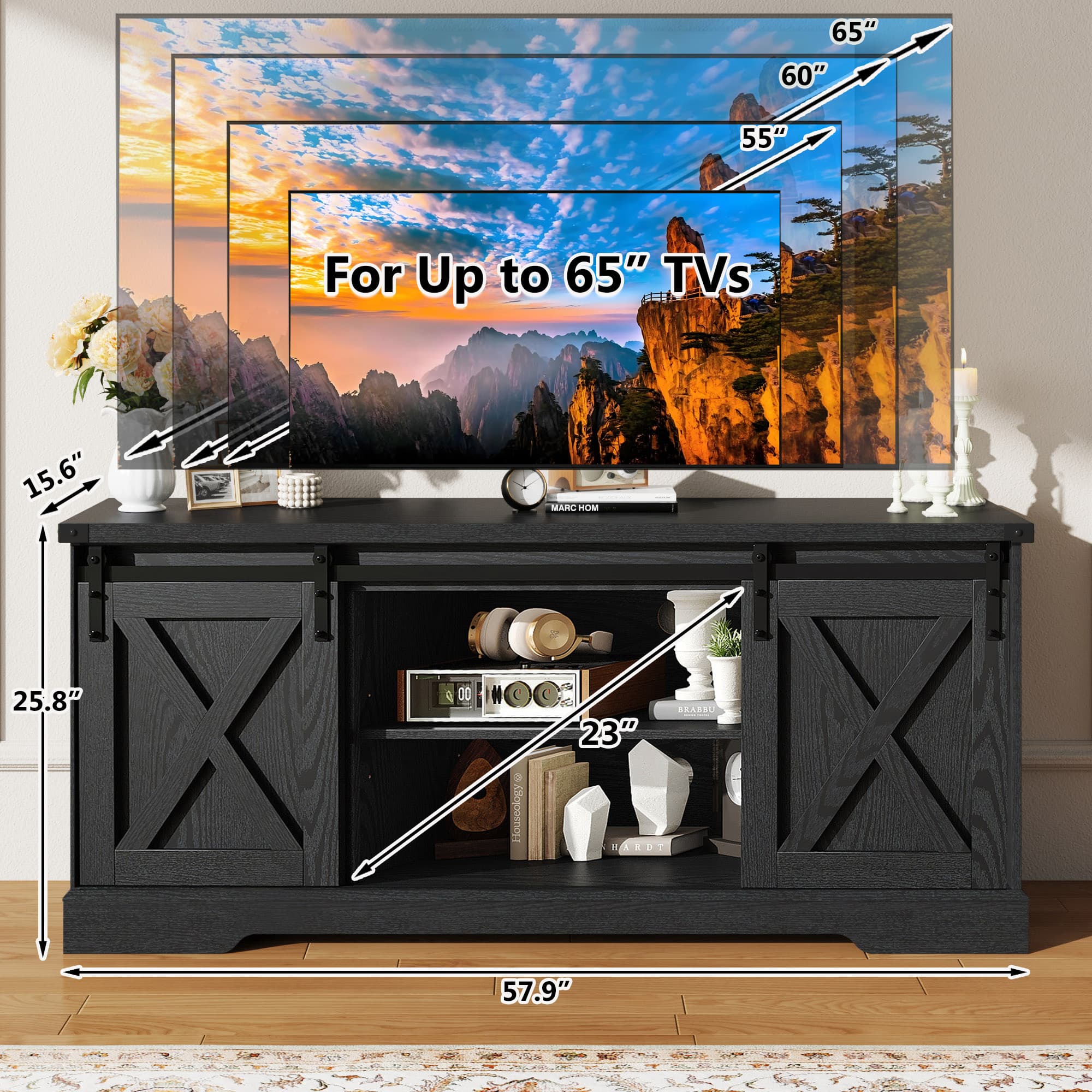 58" Farmhouse TV Stand for 65 Inch TVs with Sliding Barn Door