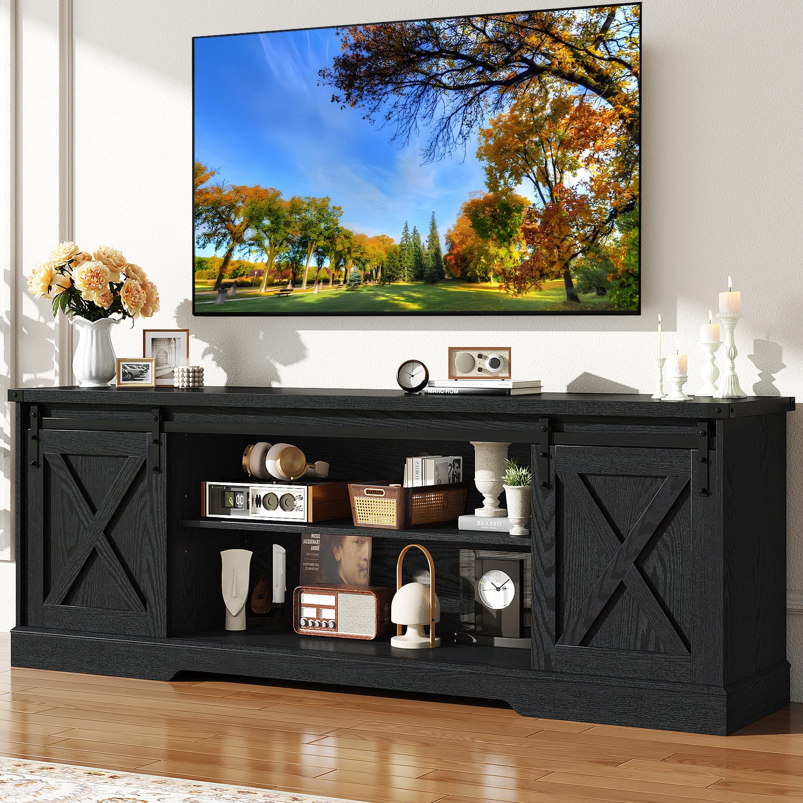 70" Farmhouse TV Stand for 75 Inch TVs with Sliding Barn Door