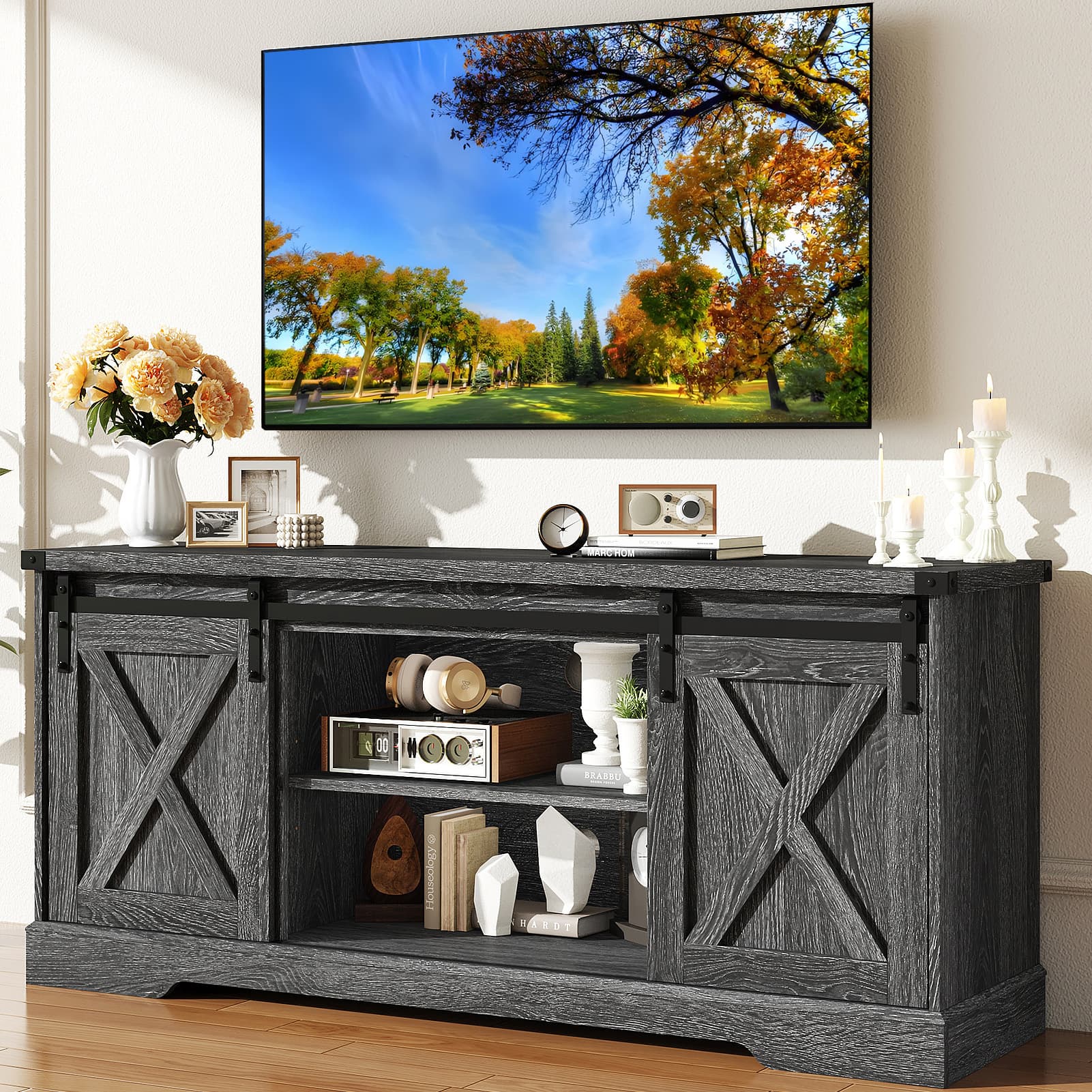 58" Farmhouse TV Stand for 65 Inch TVs with Sliding Barn Door