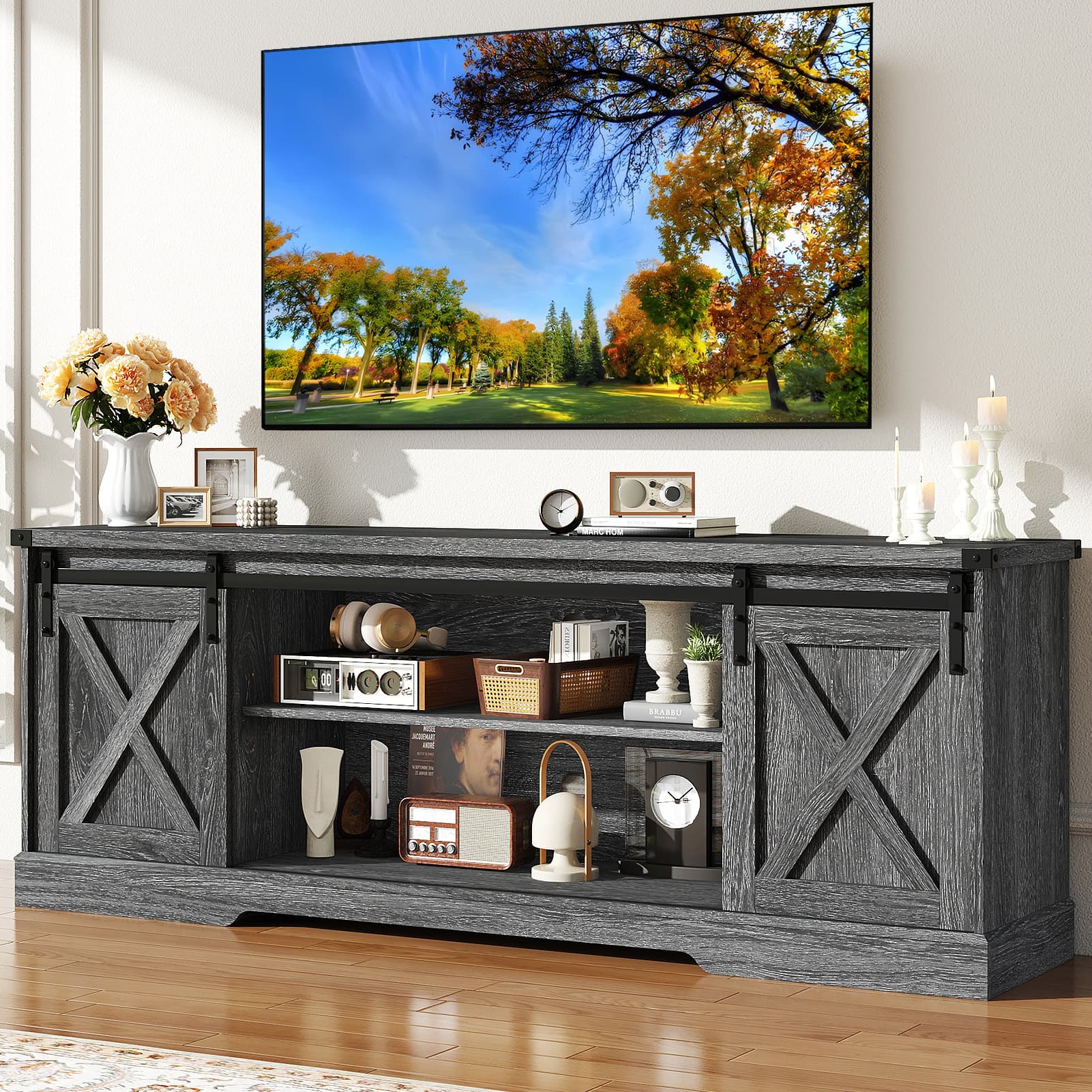 70" Farmhouse TV Stand for 75 Inch TVs with Sliding Barn Door