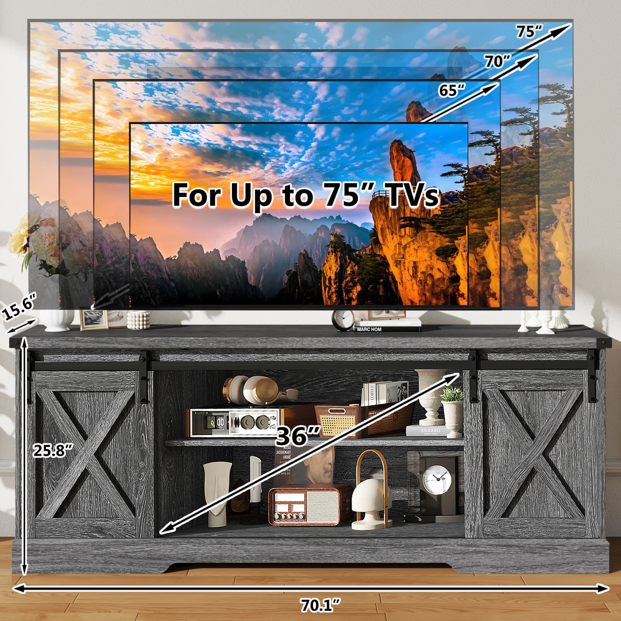 70" Farmhouse TV Stand for 75 Inch TVs with Sliding Barn Door