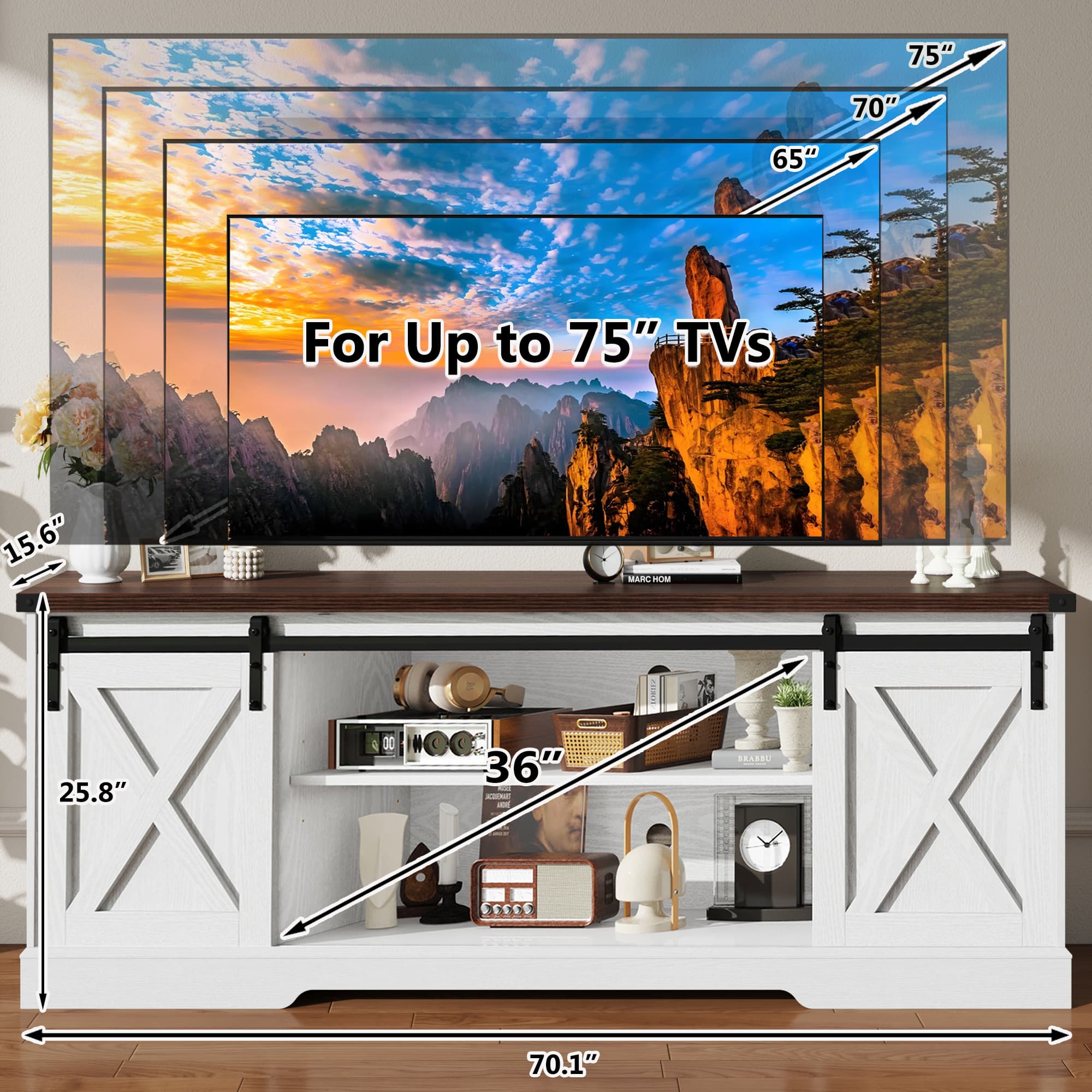 70" Farmhouse TV Stand for 75 Inch TVs with Sliding Barn Door