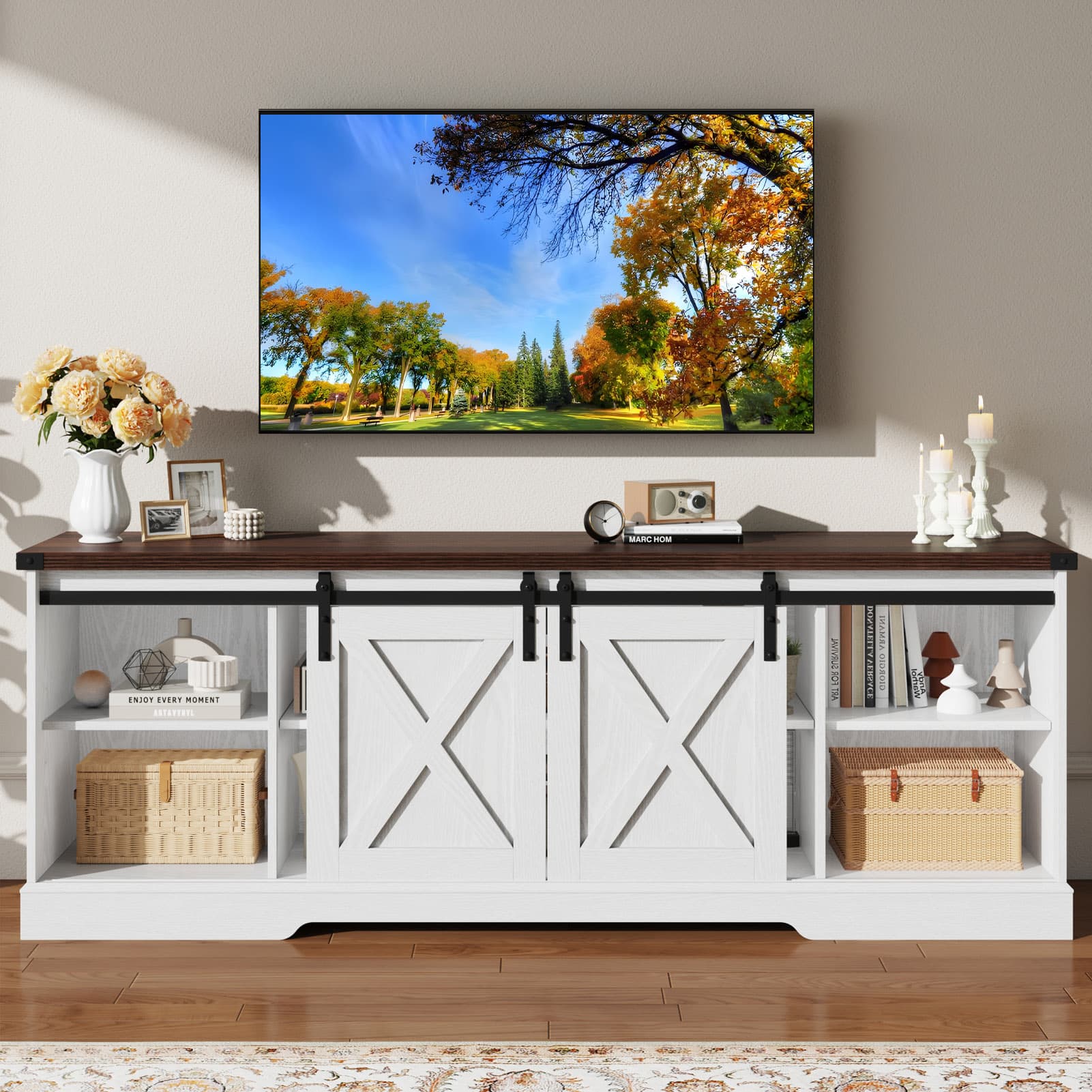 70" Farmhouse TV Stand for 75 Inch TVs with Sliding Barn Door