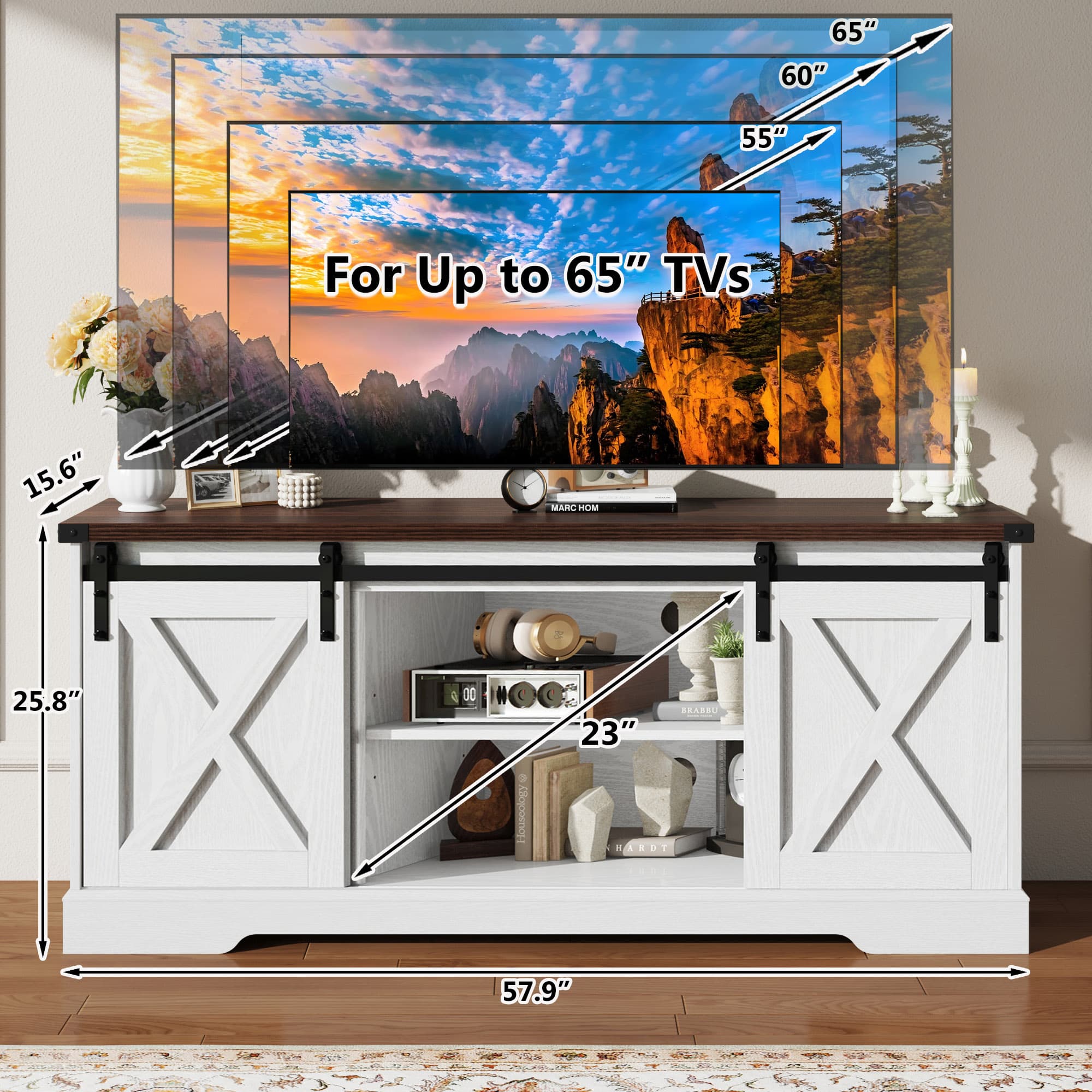 58" Farmhouse TV Stand for 65 Inch TVs with Sliding Barn Door