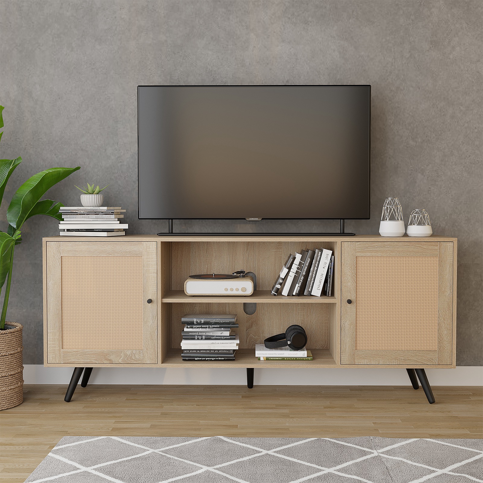 Blotout 68IN Rattan TV Stand for 75/65 Inch TV, Mid Century Entertainment Center with Natural Rattan Door, Large Boho Media TV Console, Television Stand for Living Room