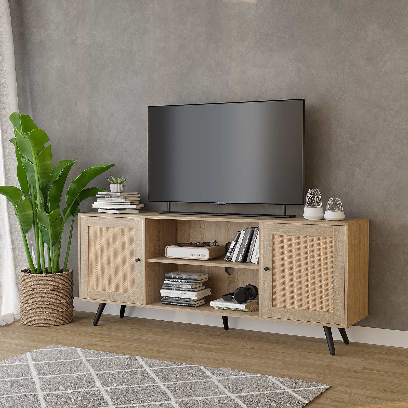 Blotout 68IN Rattan TV Stand for 75/65 Inch TV, Mid Century Entertainment Center with Natural Rattan Door, Large Boho Media TV Console, Television Stand for Living Room