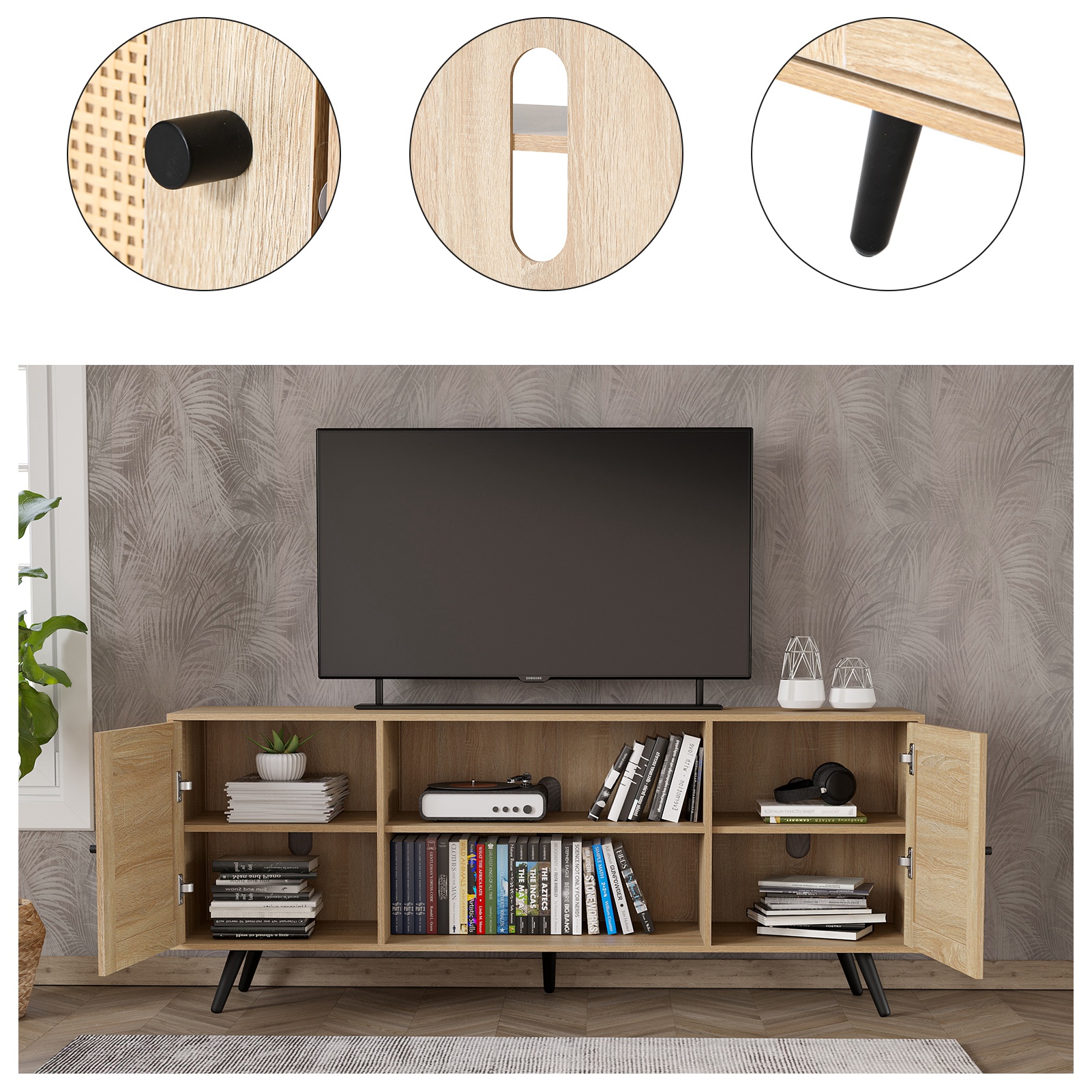 Blotout 68IN Rattan TV Stand for 75/65 Inch TV, Mid Century Entertainment Center with Natural Rattan Door, Large Boho Media TV Console, Television Stand for Living Room