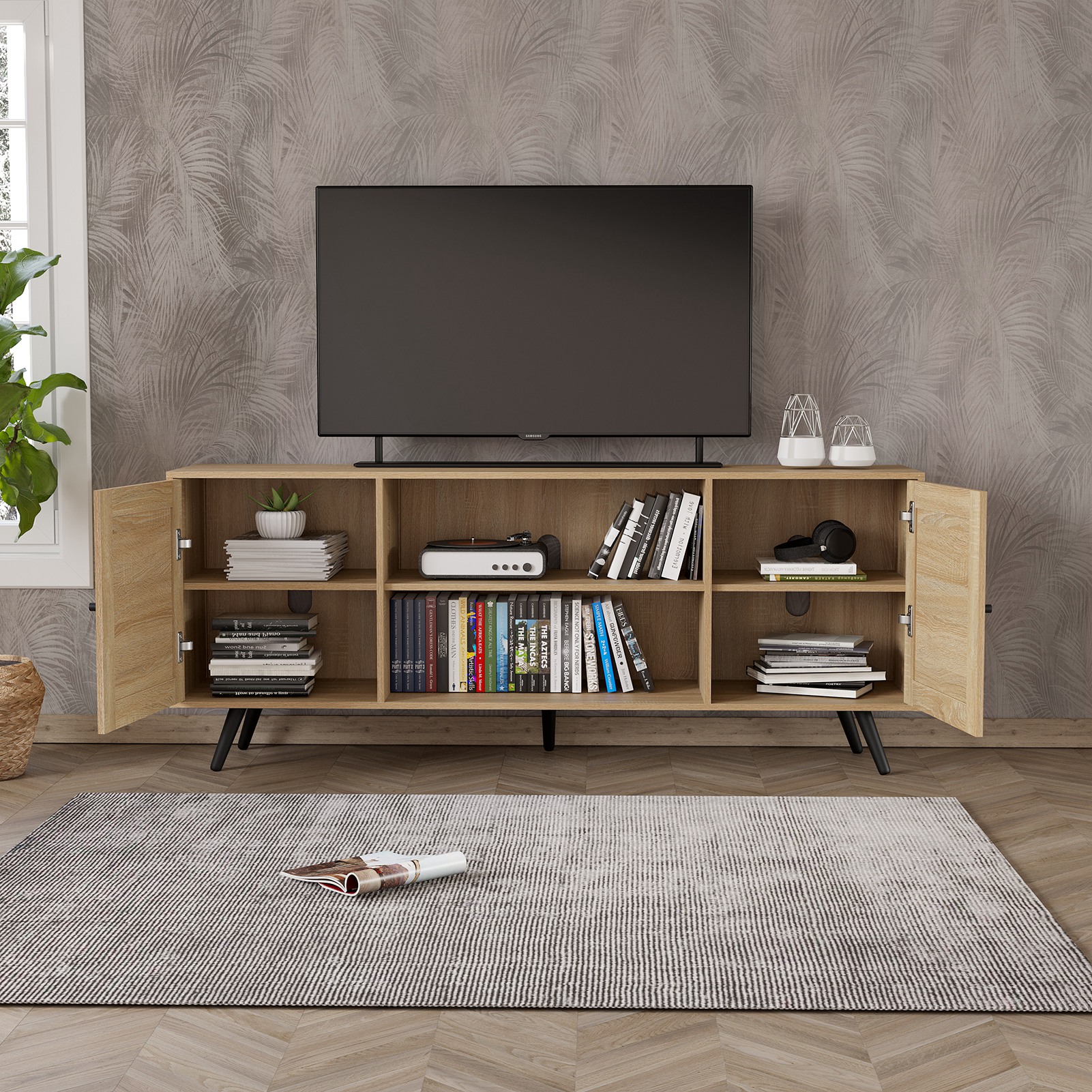 Blotout 68IN Rattan TV Stand for 75/65 Inch TV, Mid Century Entertainment Center with Natural Rattan Door, Large Boho Media TV Console, Television Stand for Living Room