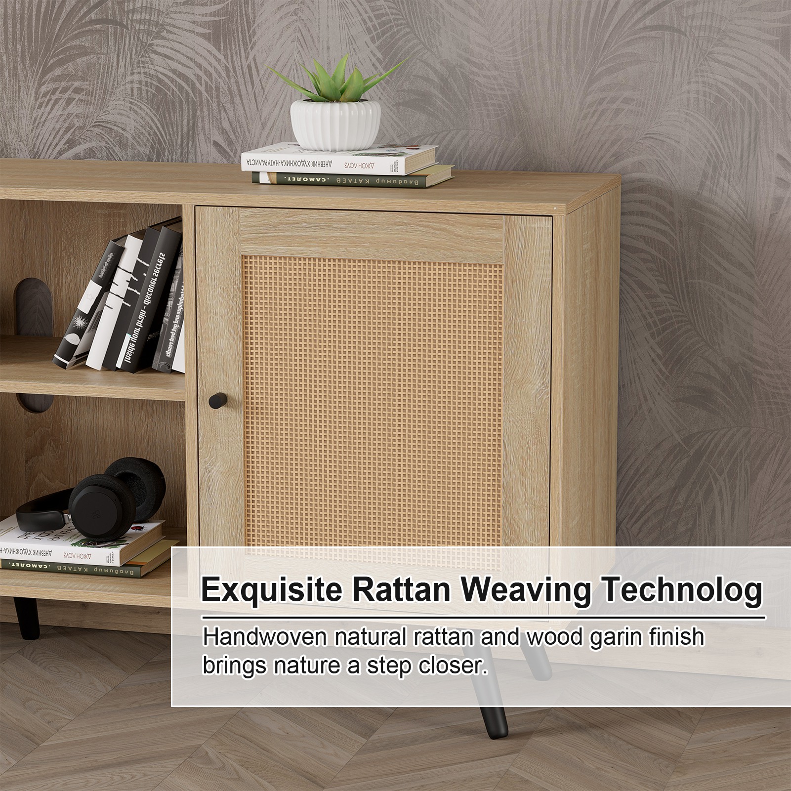 Blotout 68IN Rattan TV Stand for 75/65 Inch TV, Mid Century Entertainment Center with Natural Rattan Door, Large Boho Media TV Console, Television Stand for Living Room