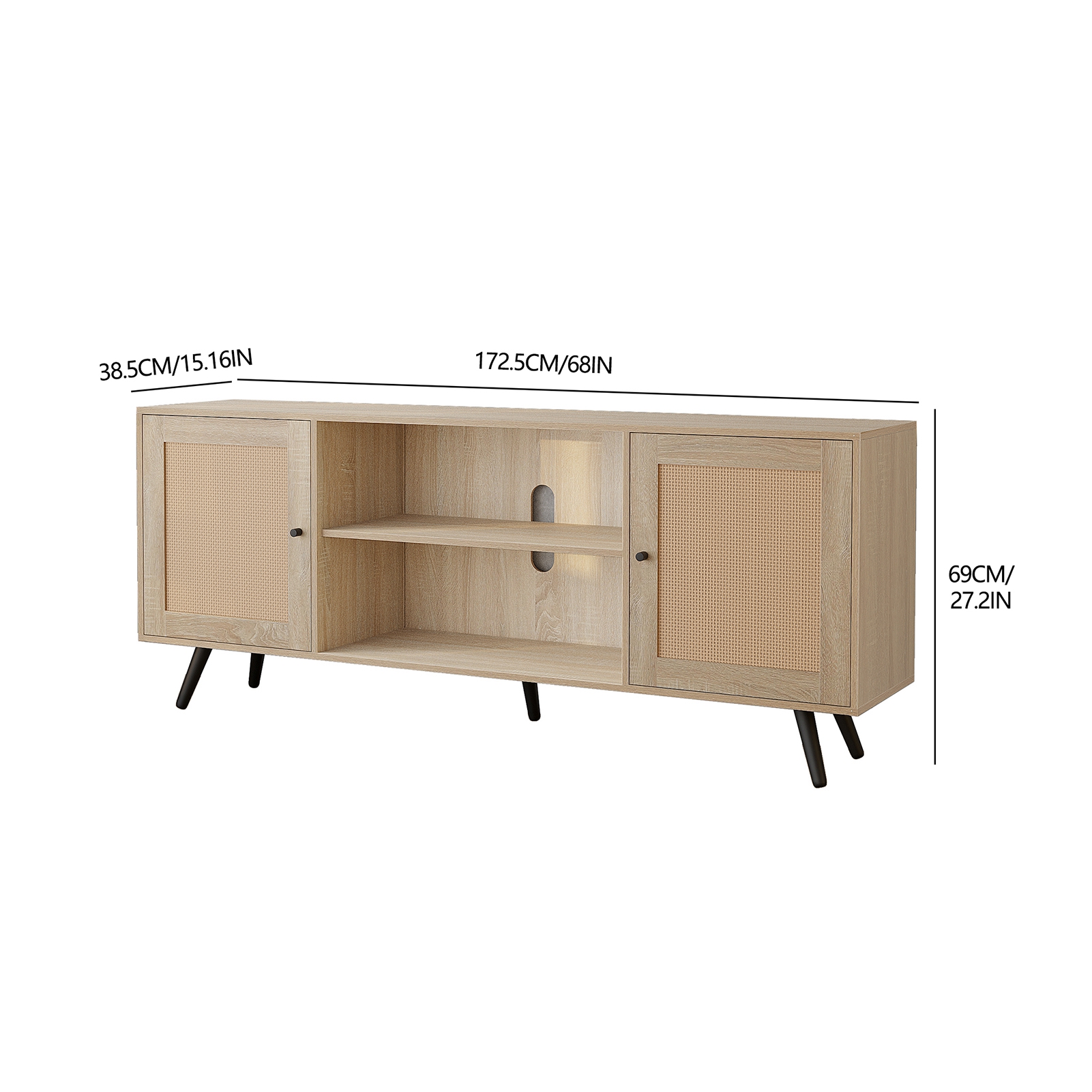 Blotout 68IN Rattan TV Stand for 75/65 Inch TV, Mid Century Entertainment Center with Natural Rattan Door, Large Boho Media TV Console, Television Stand for Living Room