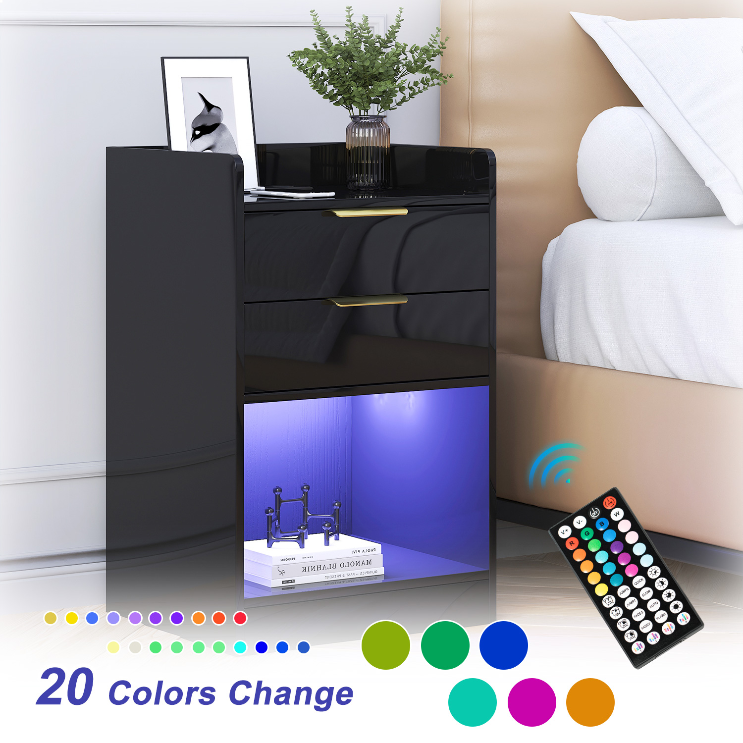 LED Nightstand with 2 Drawers & LED Lights & Charging Station, Modern Black End Side Table for Bedroom Living Room