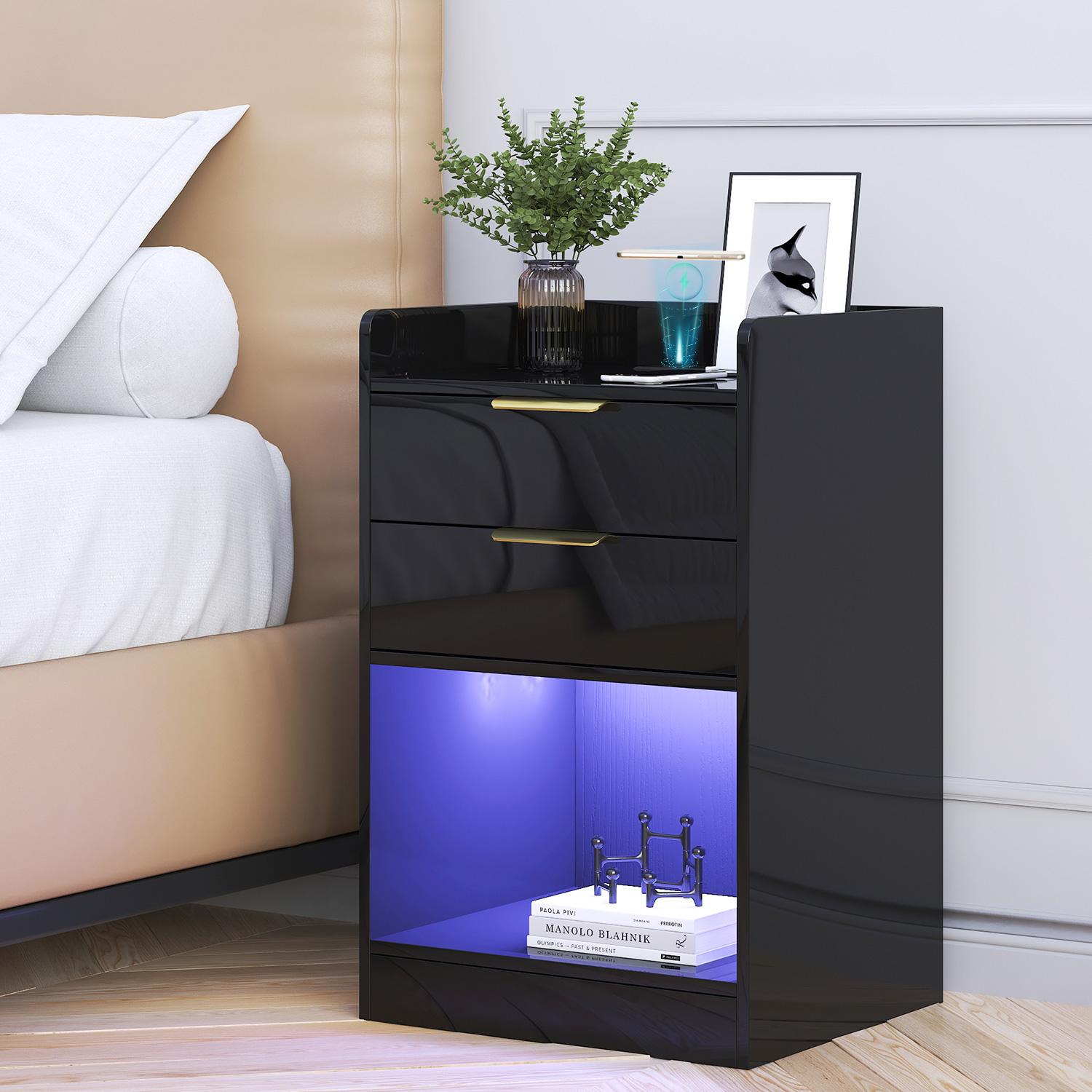 LED Nightstand with 2 Drawers & LED Lights & Charging Station, Modern Black End Side Table for Bedroom Living Room