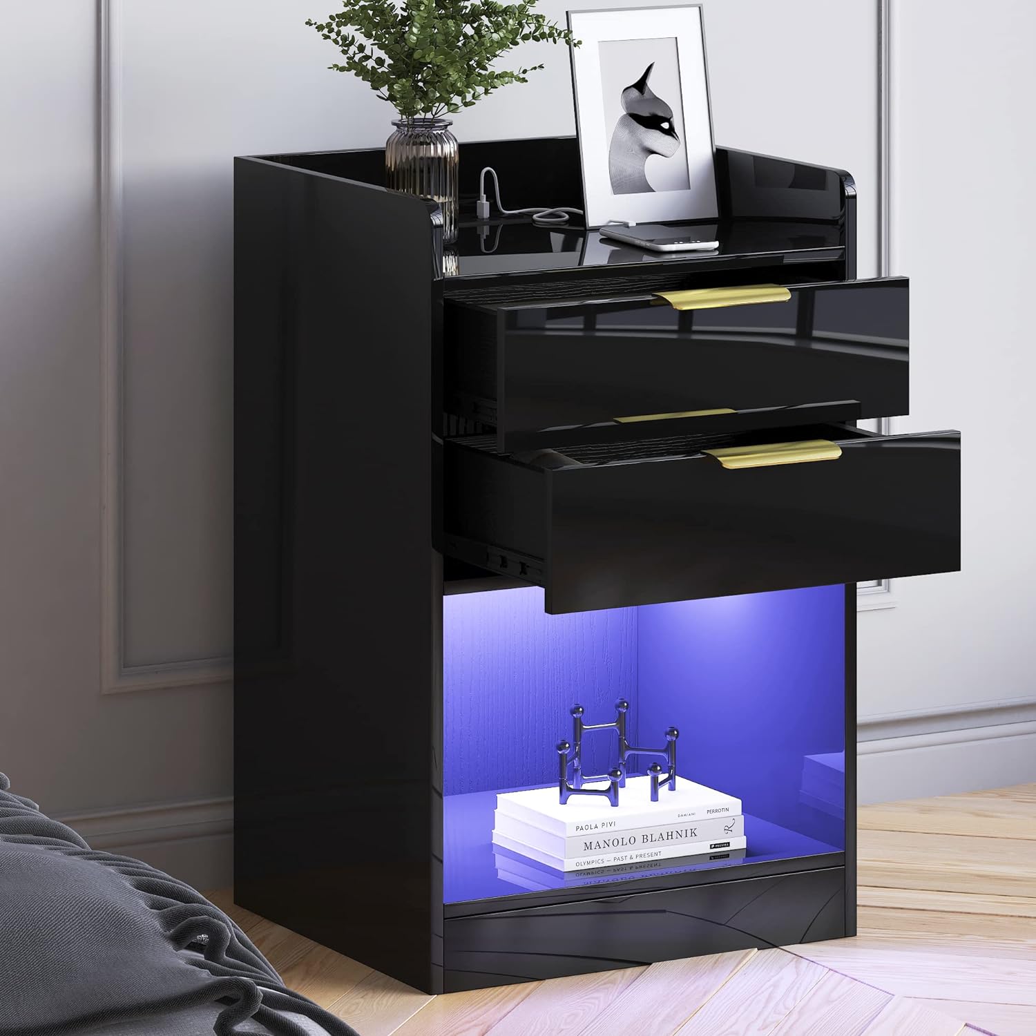 LED Nightstand with 2 Drawers & LED Lights & Charging Station, Modern Black End Side Table for Bedroom Living Room