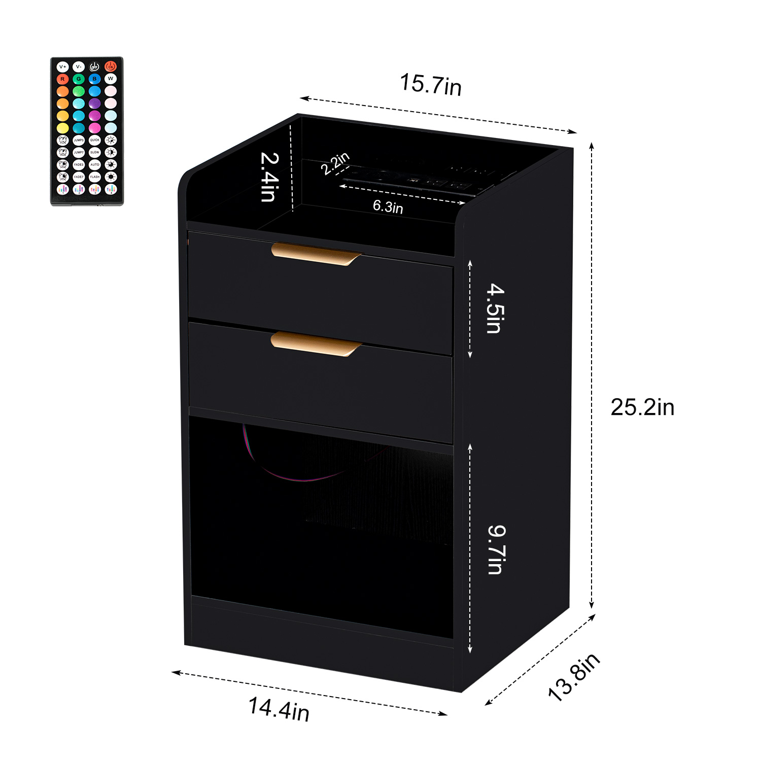 LED Nightstand with 2 Drawers & LED Lights & Charging Station, Modern Black End Side Table for Bedroom Living Room