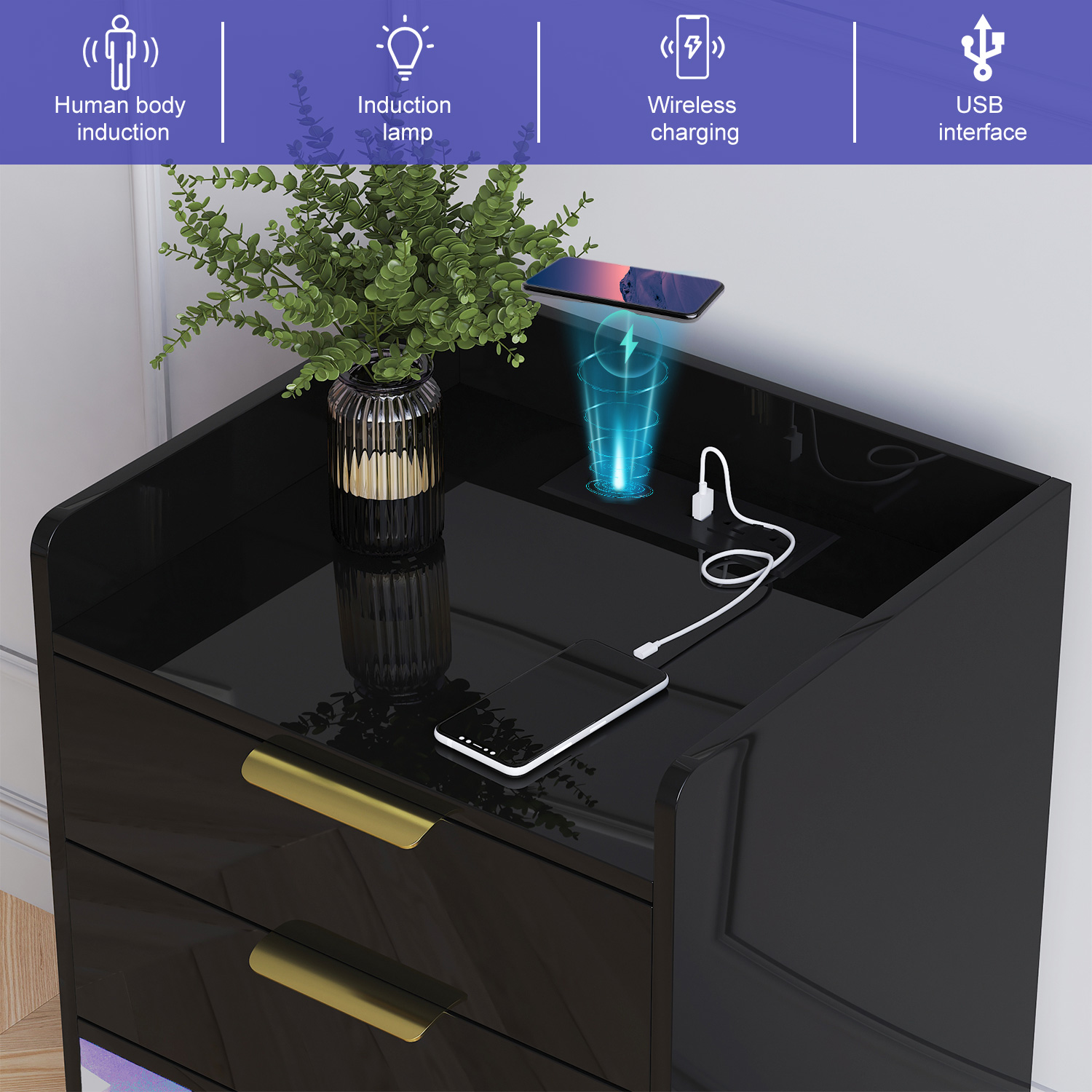 LED Nightstand with 2 Drawers & LED Lights & Charging Station, Modern Black End Side Table for Bedroom Living Room