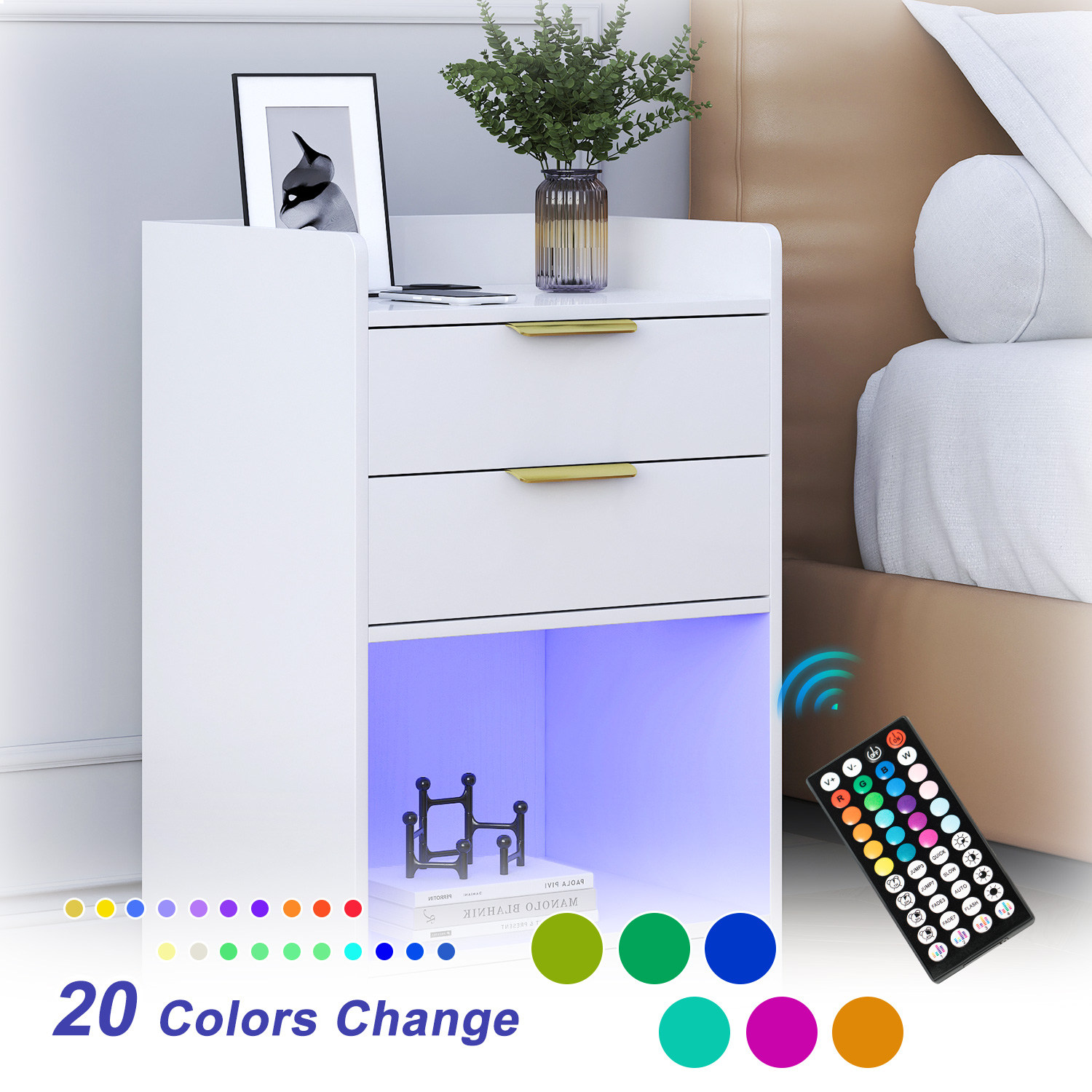 LED Nightstand with 2 Drawers & LED Lights & Charging Station, Modern Black End Side Table for Bedroom Living Room