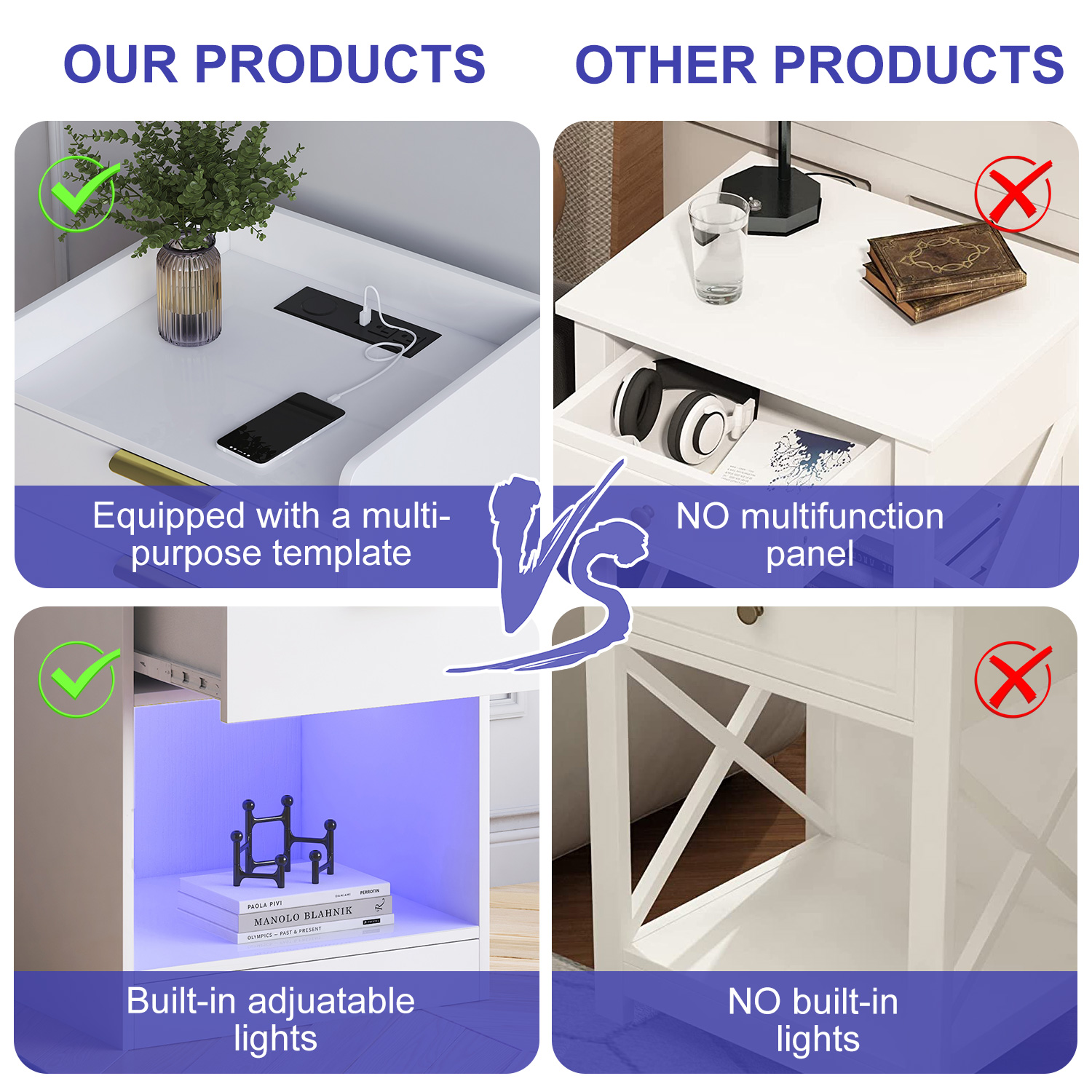 LED Nightstand with 2 Drawers & LED Lights & Charging Station, Modern Black End Side Table for Bedroom Living Room