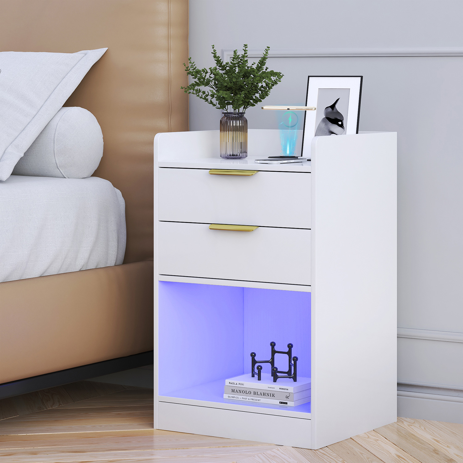 LED Nightstand with 2 Drawers & LED Lights & Charging Station, Modern Black End Side Table for Bedroom Living Room