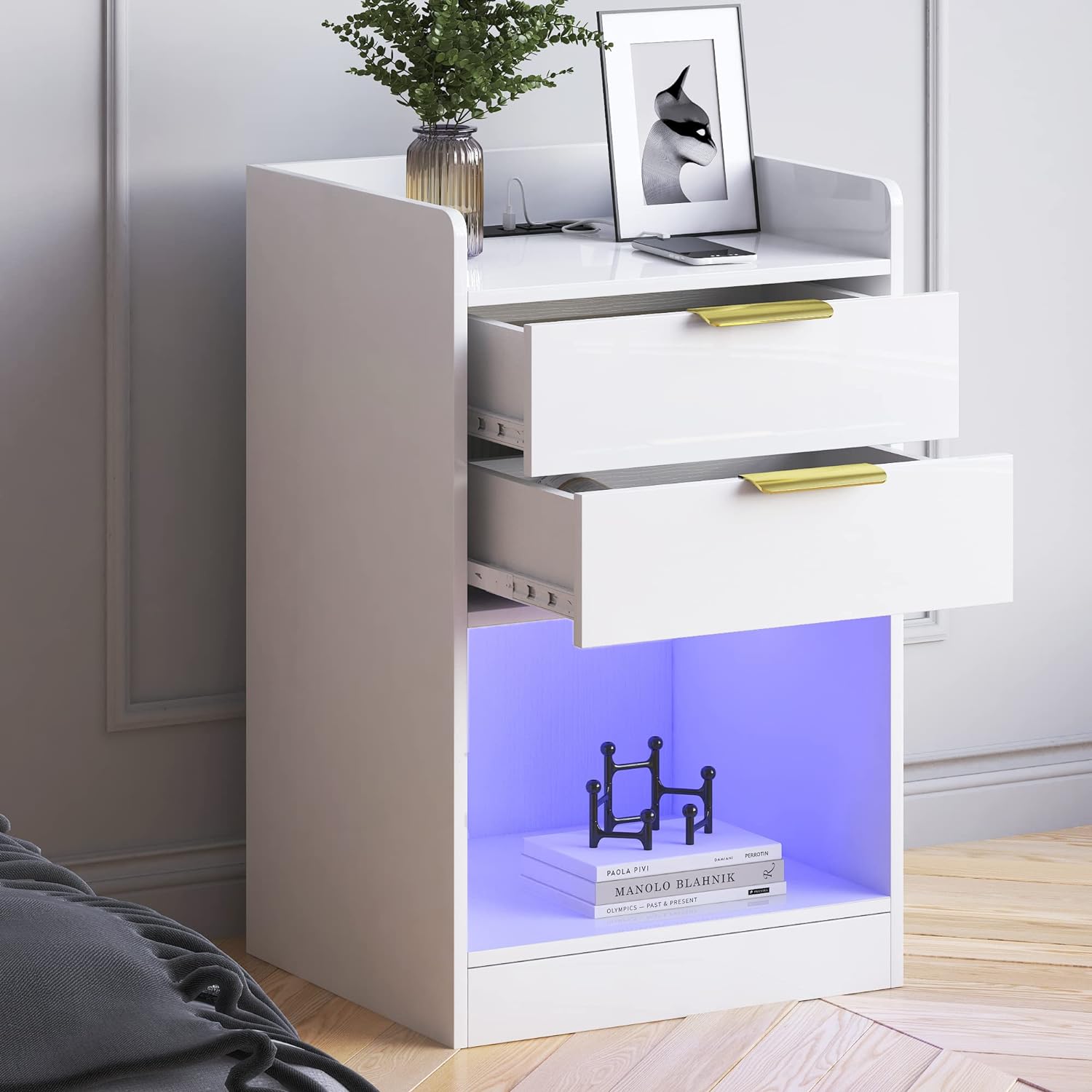 LED Nightstand with 2 Drawers & LED Lights & Charging Station, Modern Black End Side Table for Bedroom Living Room