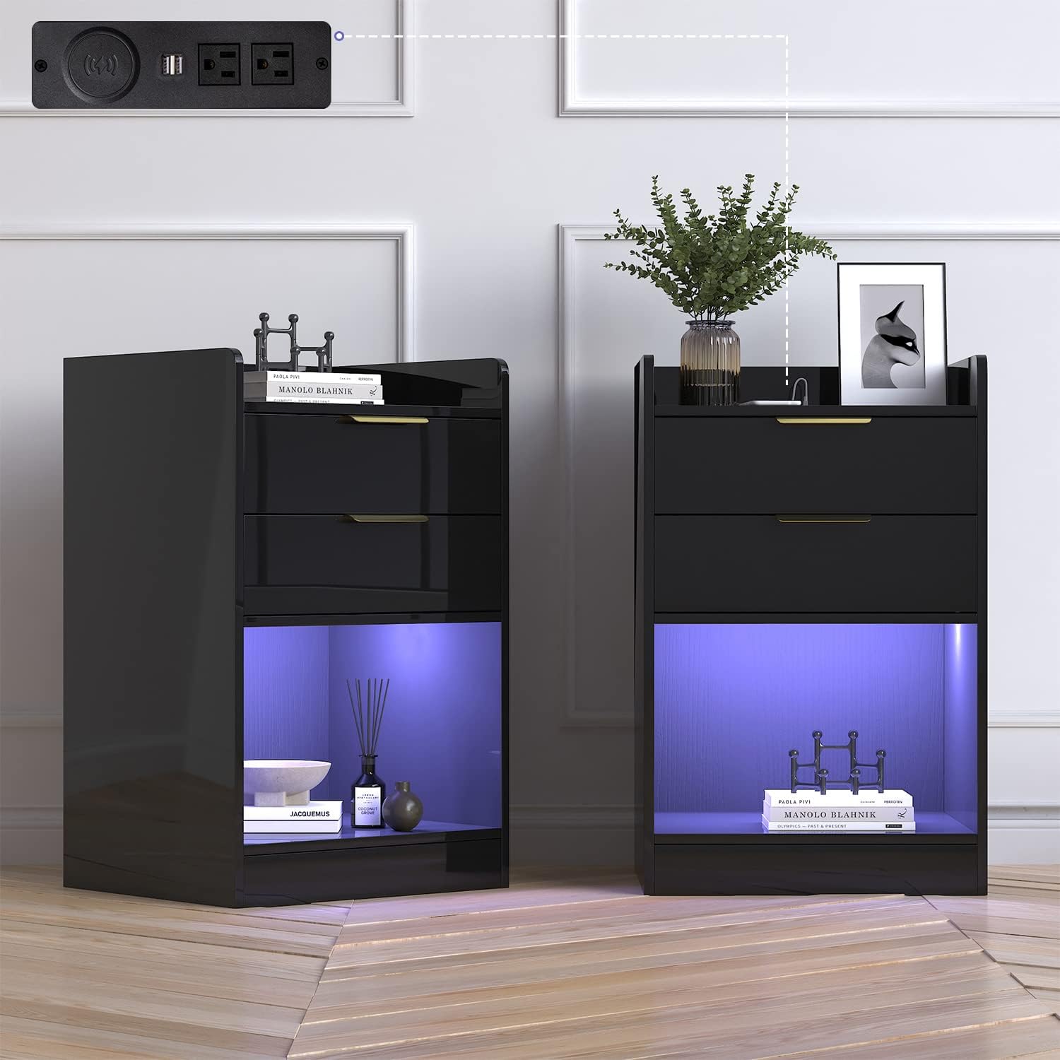 LED Nightstand with 2 Drawers & LED Lights & Charging Station, Modern Black End Side Table for Bedroom Living Room