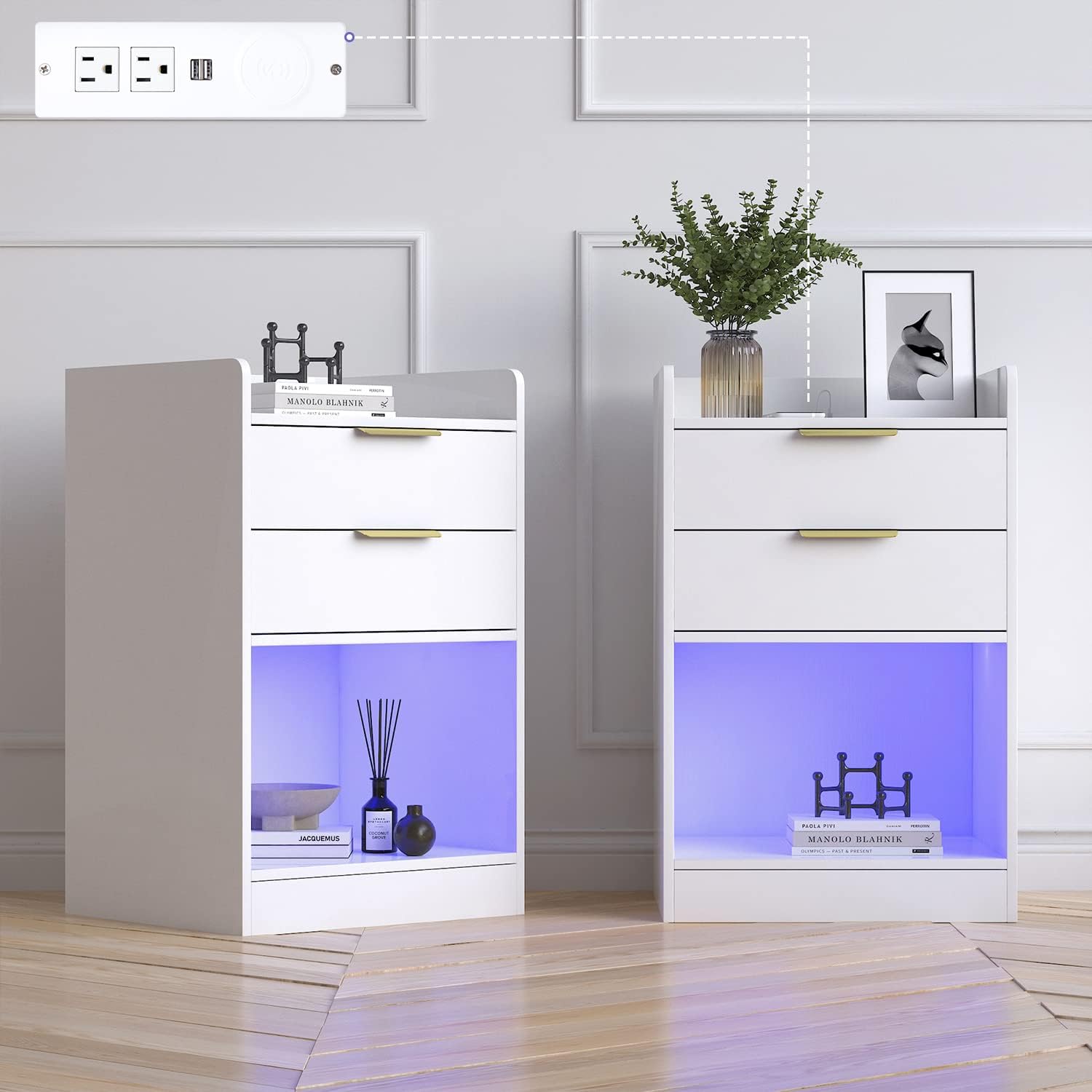 LED Nightstand with 2 Drawers & LED Lights & Charging Station, Modern Black End Side Table for Bedroom Living Room