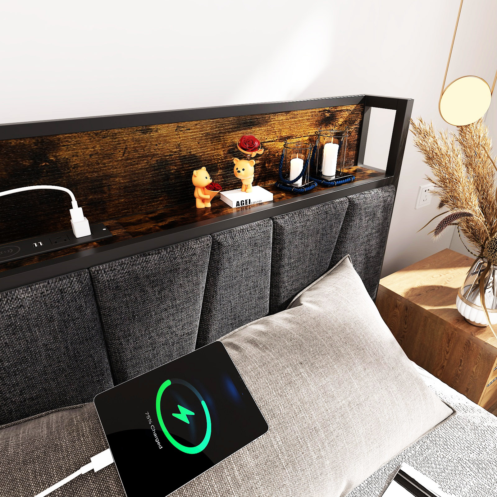 LED Bed Frame with Outlets & USB/Type-C Port and Storage Headboard, Wood Platform Bed with Charging Station and for Bedroom