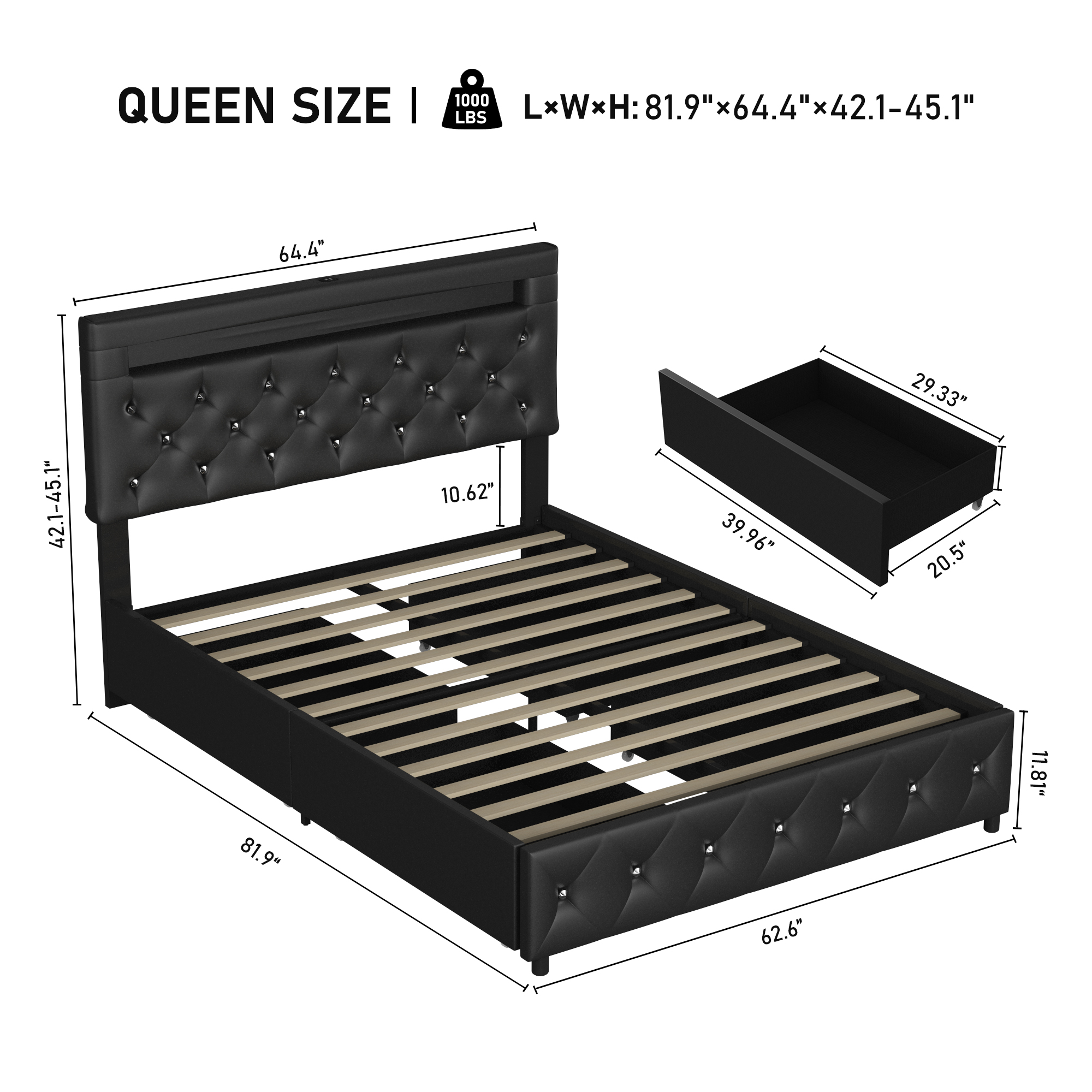 Faux Leather Upholstered LED Bed Frame with 4 Storage Drawers & USB Ports