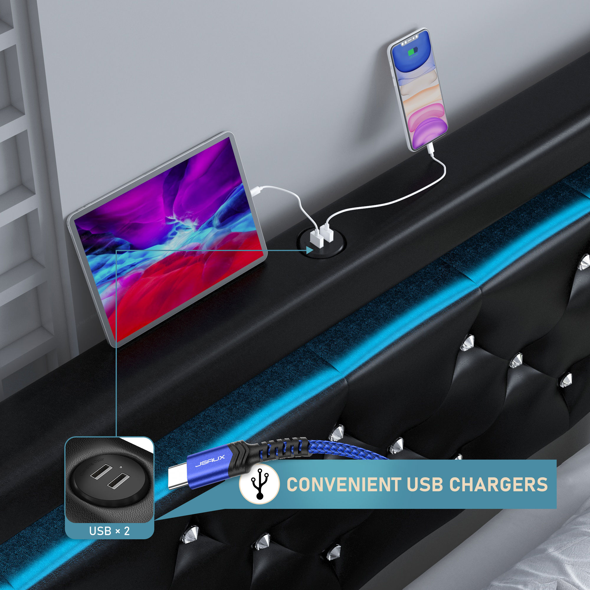 Faux Leather Upholstered LED Bed Frame with 4 Storage Drawers & USB Ports