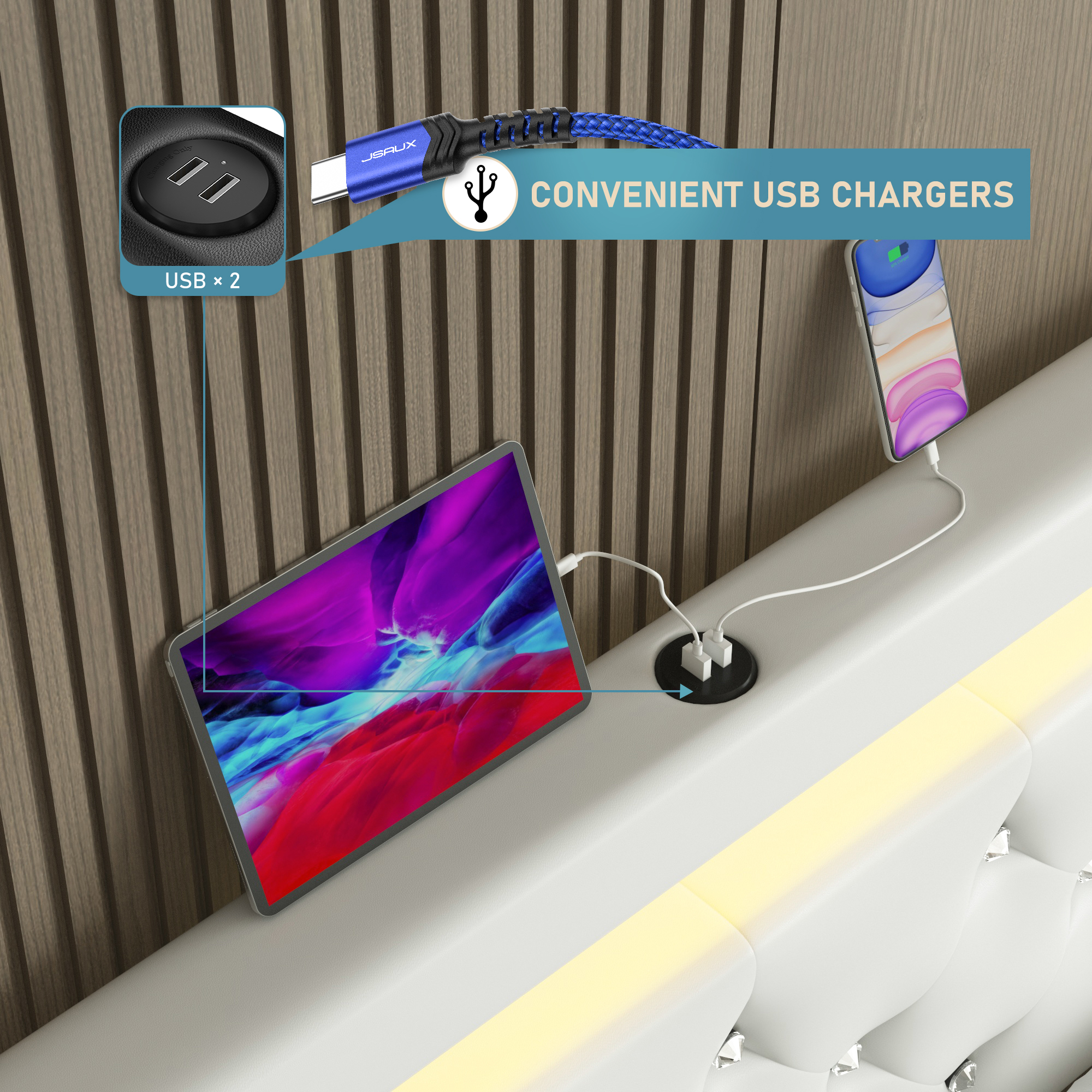 Faux Leather Upholstered LED Bed Frame with 4 Storage Drawers & USB Ports