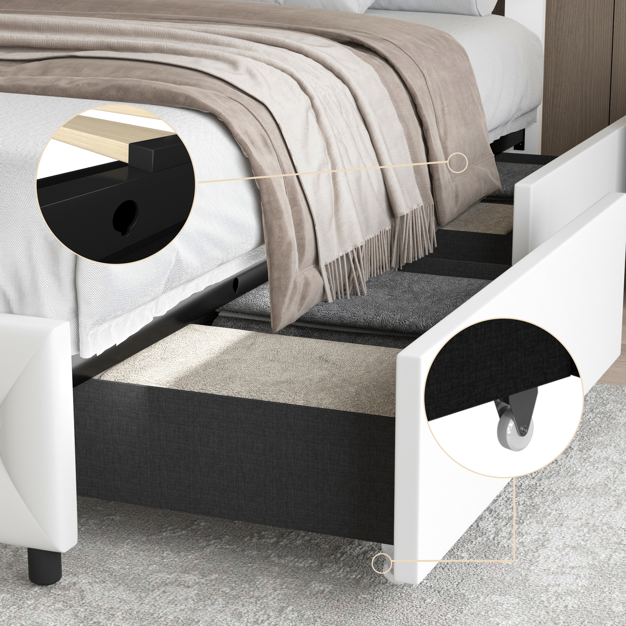 Faux Leather Upholstered LED Bed Frame with 4 Storage Drawers & USB Ports