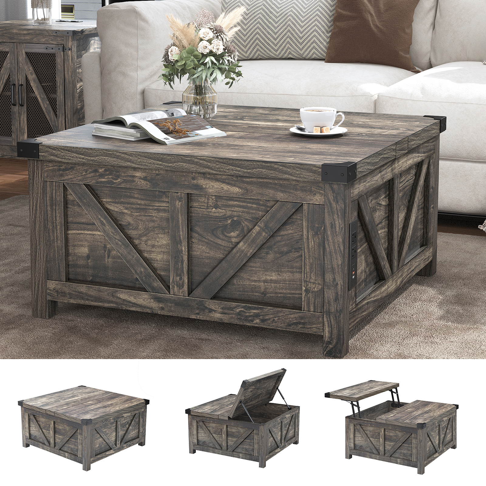 Blotout 35.6" Lift Top Coffee Table with Storage, Farmhouse Square Coffee Table with Charging Ports, Wood Center Table w/Large Hidden Space for Living Room Home Office,Brown