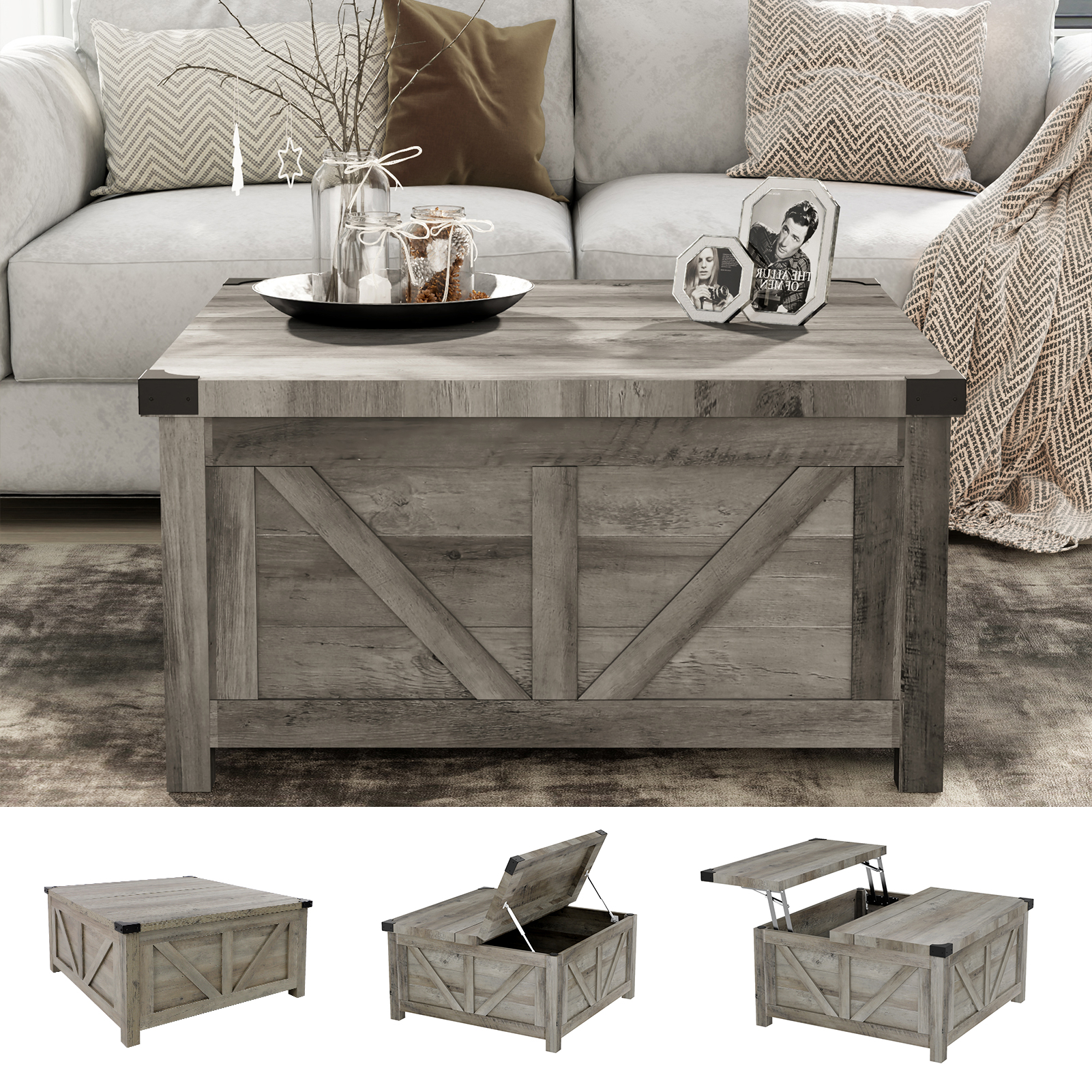 Blotout 35.6" Lift Top Coffee Table with Storage, Farmhouse Square Coffee Table with Charging Ports, Wood Center Table w/Large Hidden Space for Living Room Home Office,Brown