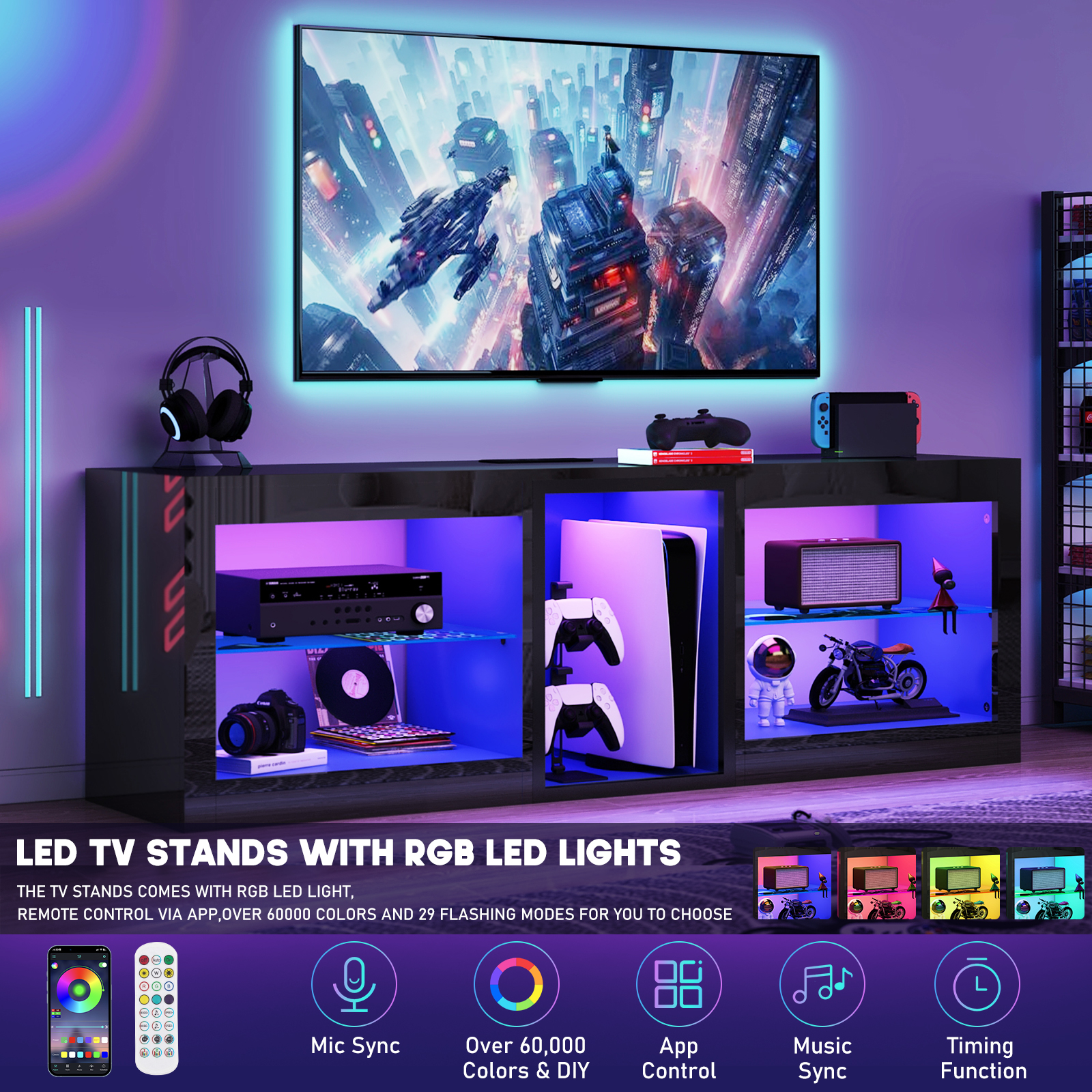 Hlivelood Gaming TV Stands with LED Lights and Power Outlet for 55/60/65/70 inch TV, High Gloss Entertainment Center with Adjustable Glass Shelves for Living Room Game room