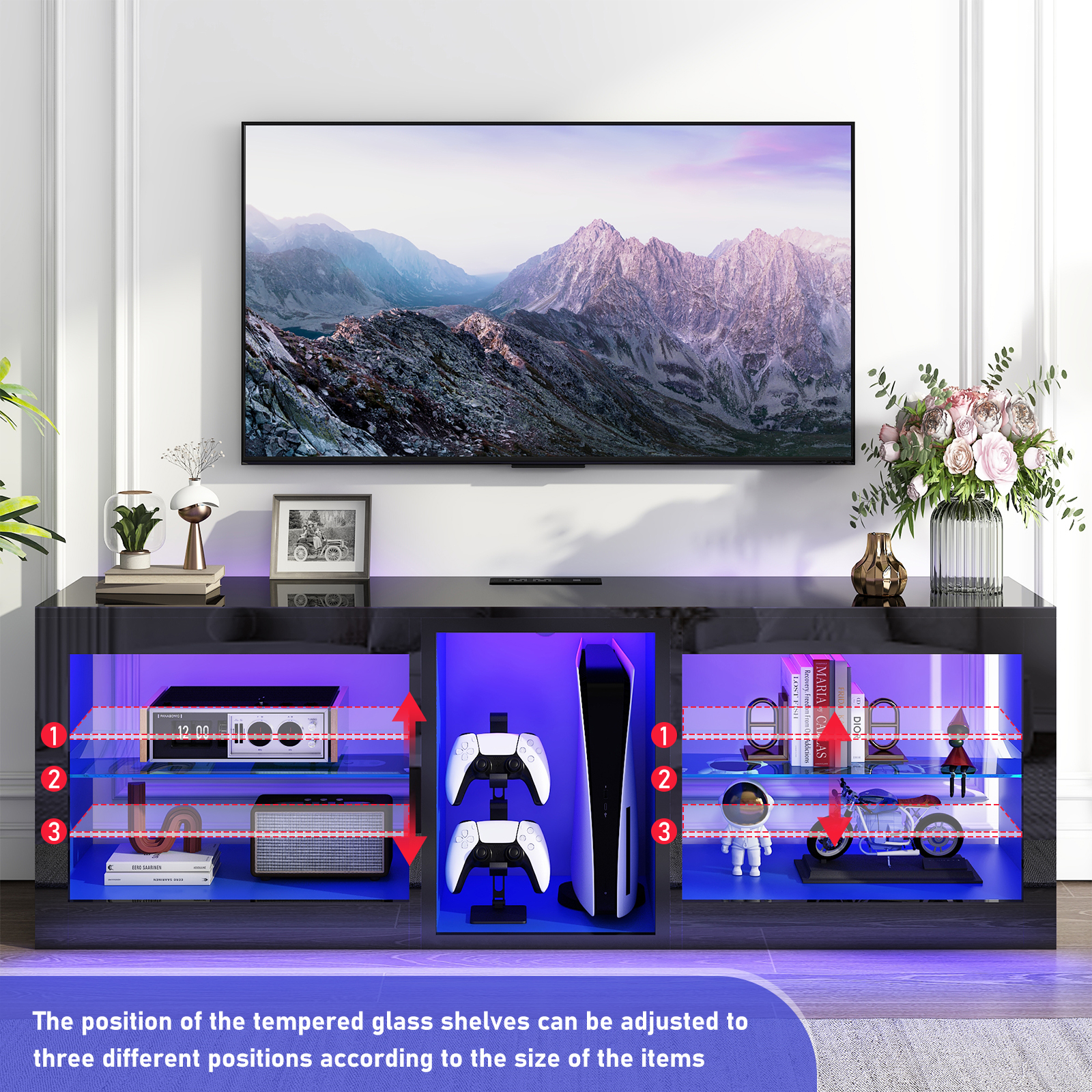 Hlivelood Gaming TV Stands with LED Lights and Power Outlet for 55/60/65/70 inch TV, High Gloss Entertainment Center with Adjustable Glass Shelves for Living Room Game room