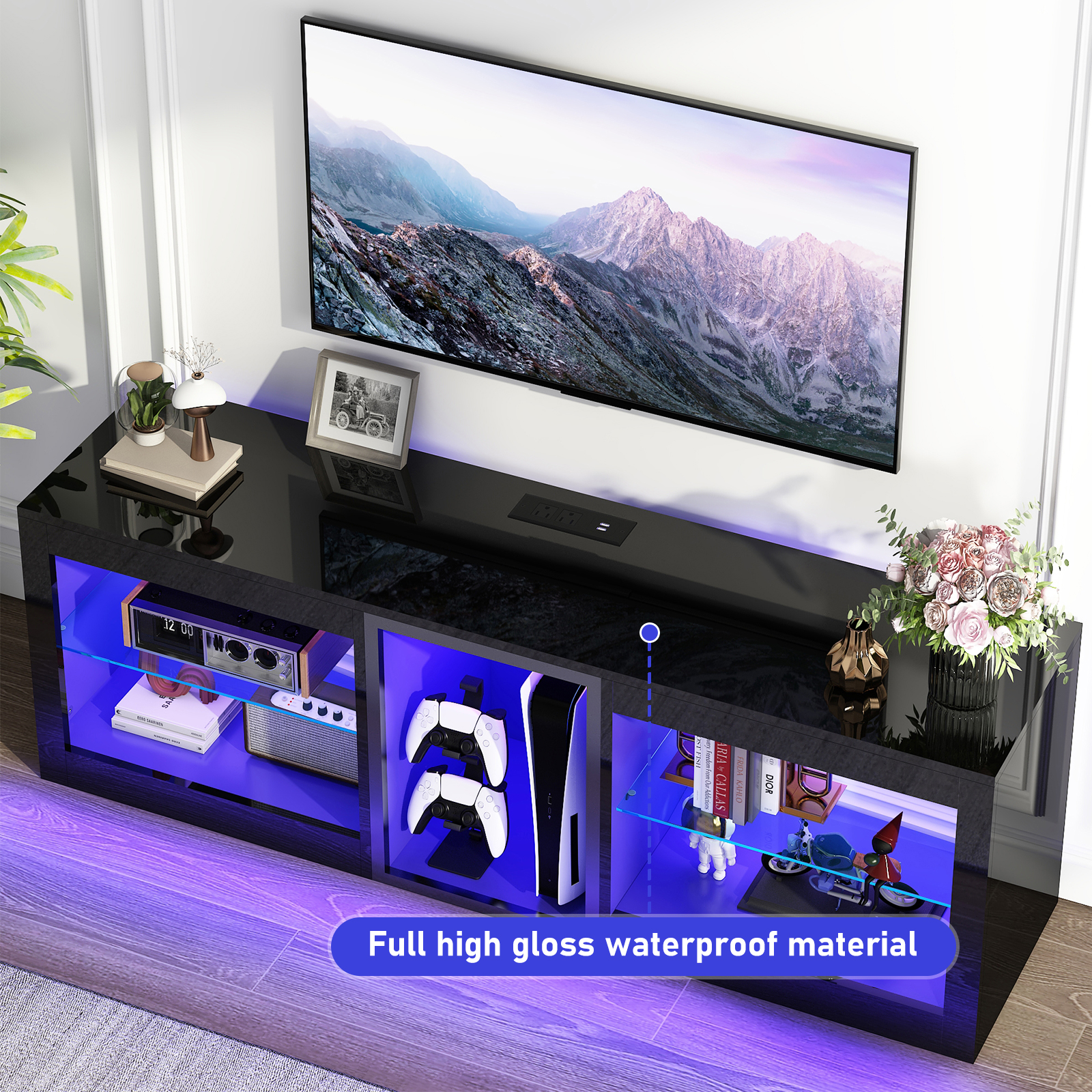 Hlivelood Gaming TV Stands with LED Lights and Power Outlet for 55/60/65/70 inch TV, High Gloss Entertainment Center with Adjustable Glass Shelves for Living Room Game room