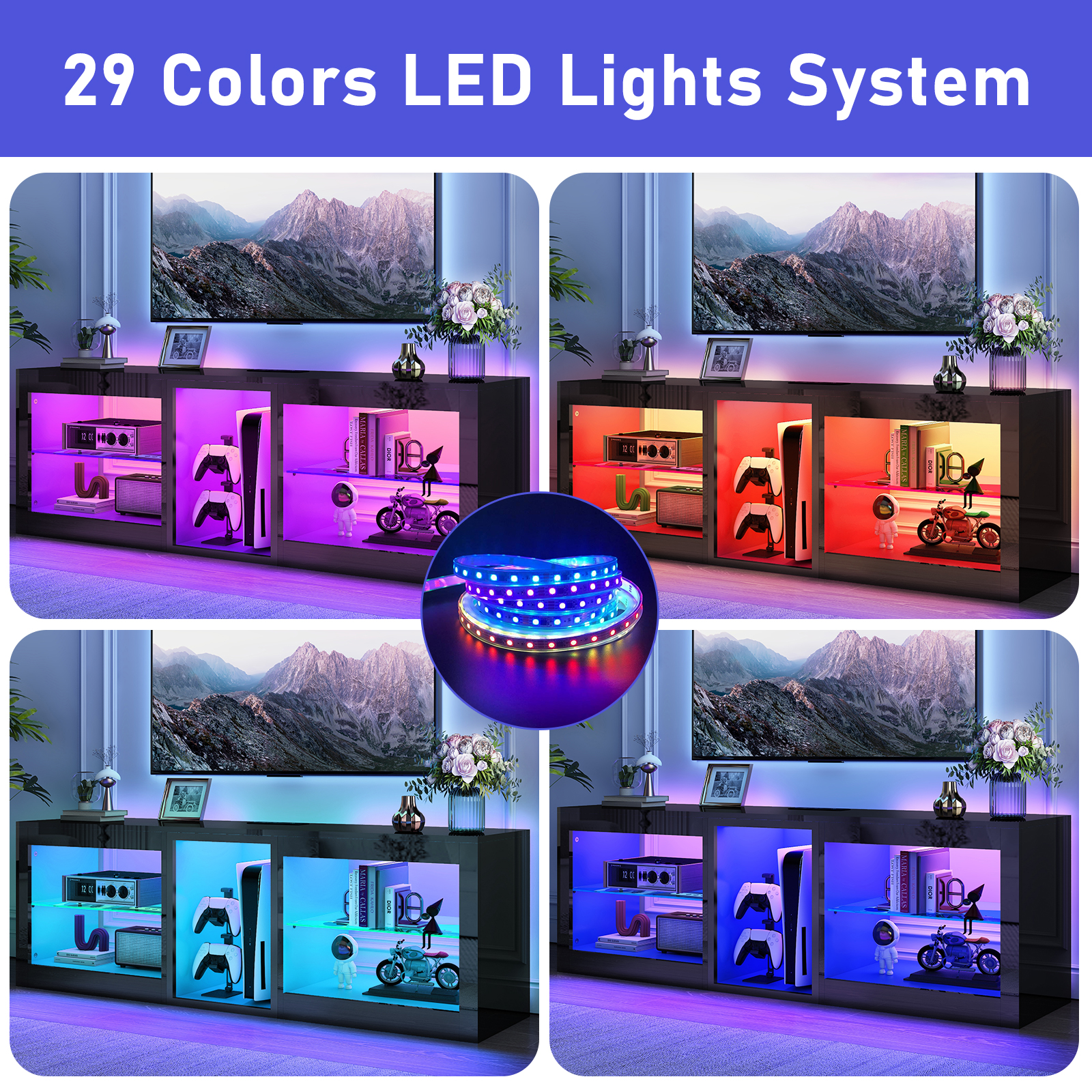 Hlivelood Gaming TV Stands with LED Lights and Power Outlet for 55/60/65/70 inch TV, High Gloss Entertainment Center with Adjustable Glass Shelves for Living Room Game room